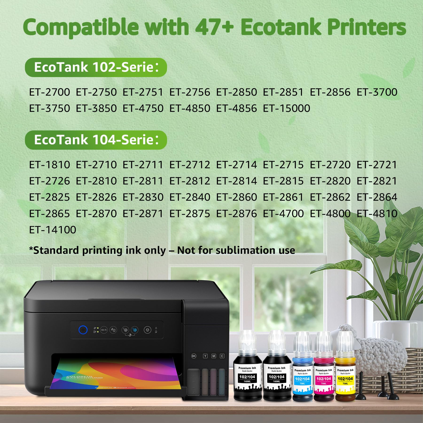 GREENSKY 102 104 Inchiostro a Coloranti - Flaconi compatibili con Epson 102 e 104 Multipack per Epson EcoTank ET-2850, ET-2851, ET-2710, ET-2720, ET-2830, ET-2870, ET-3850, ET-4800, ET-4850 (5 Pack)