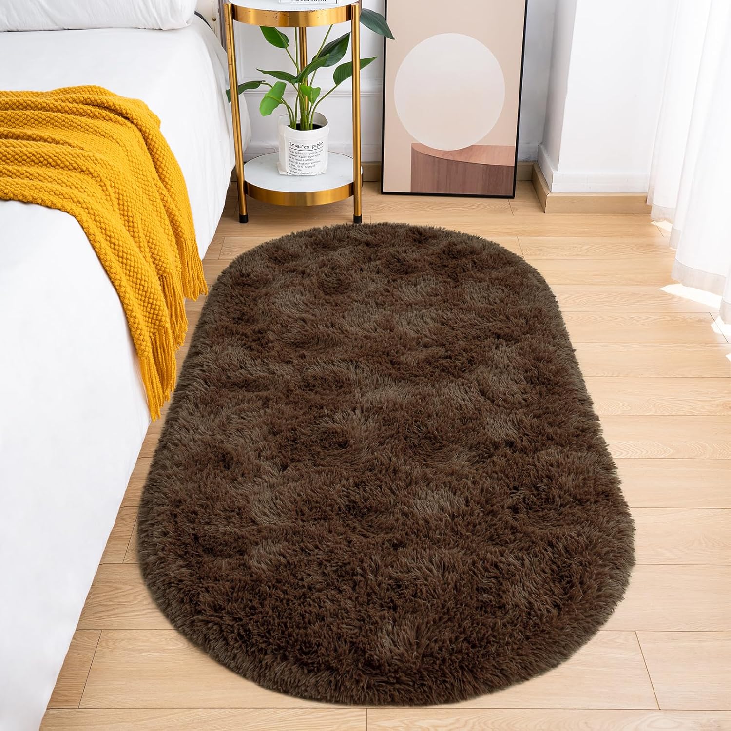Goideal Fluffy Bedroom Rug, Small Oval Area Rugs, Brown Shag Bedside Carpet for Kids Room Nursery Dorm Cute Fuzzy Indoor Decor for Boy and Girl, 2.6 x 5.3 Feet