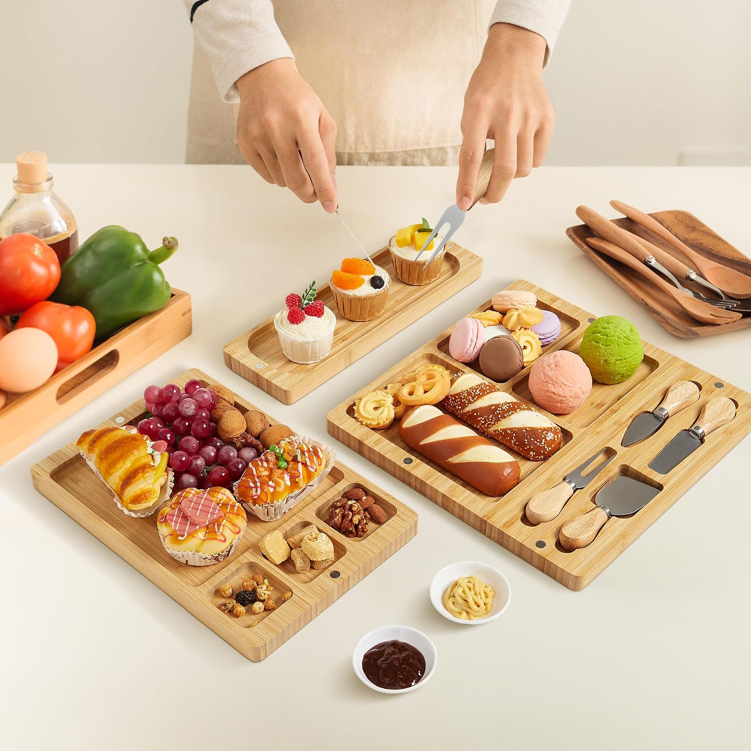 3 in 1 Bamboo Charcuterie Boards Gift Set, Large Cheese Board with Knife Set 25.2"×12.6" - Cheeseboard, Cheese Platter and Kinfe Set for Halloween Party, House Warming Gift, Wedding Gift