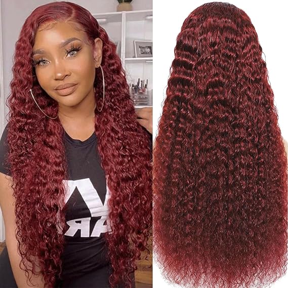 13x4 Reddish Brown Deep Curly Lace Front Wigs Human Hair 33b Auburn Colored 13x4 HD Transparent Lace Frontal Wig for Women 180% Density Glueless Curly Wig Pre Plucked 30 Inch