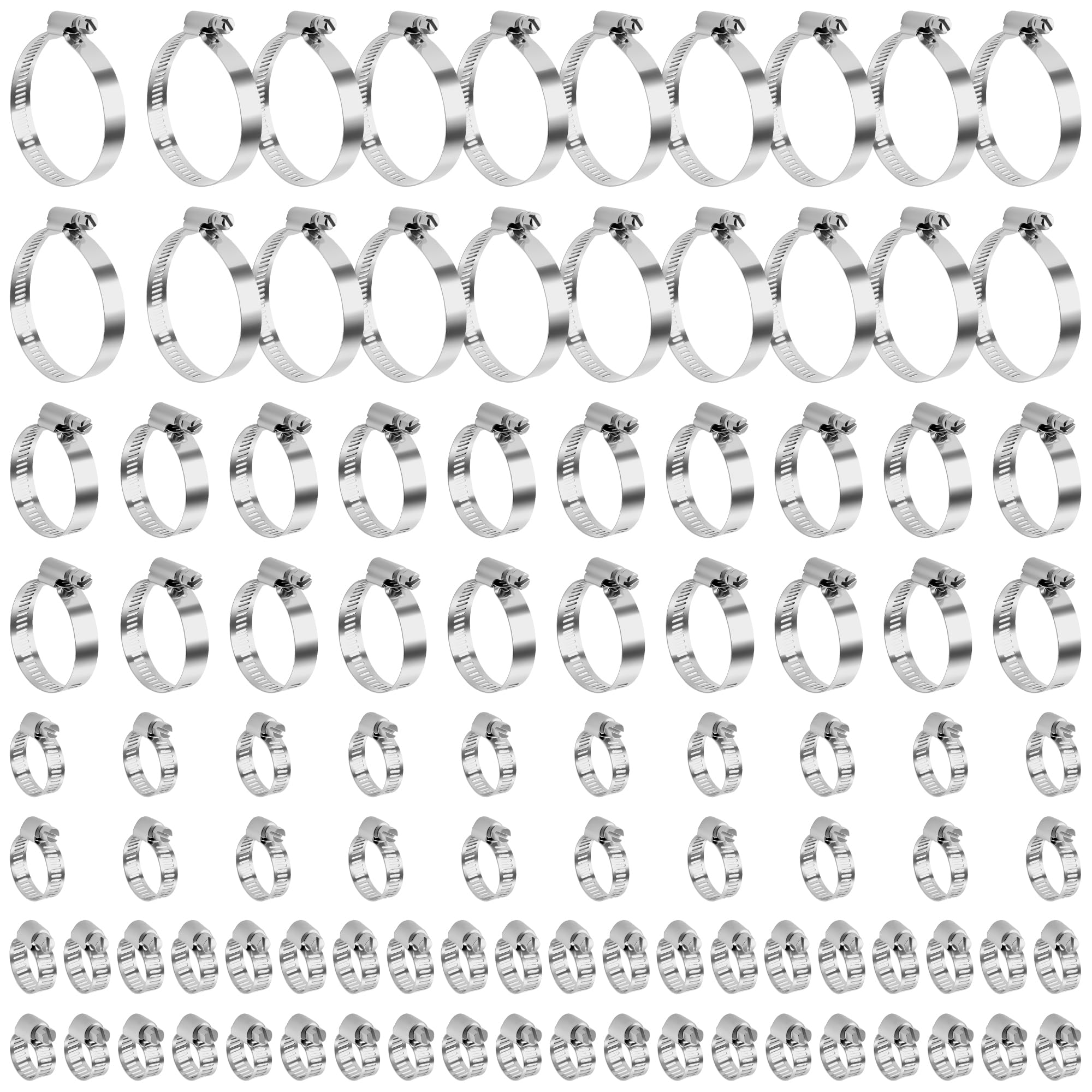 UNGFEI 100 Pcs Stainless Steel Hose Clamps, 5 Sizes 10 to 63mm