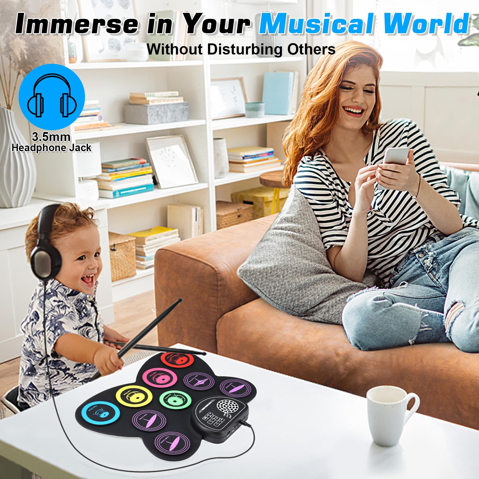 Anpro Batterie électronique avec Peau de Tambour de Couleur,Ensemble de Pratique de Batterie kit de Batterie électrique Portable,Convient aux Enfants, Adolescents, Adultes et débutants