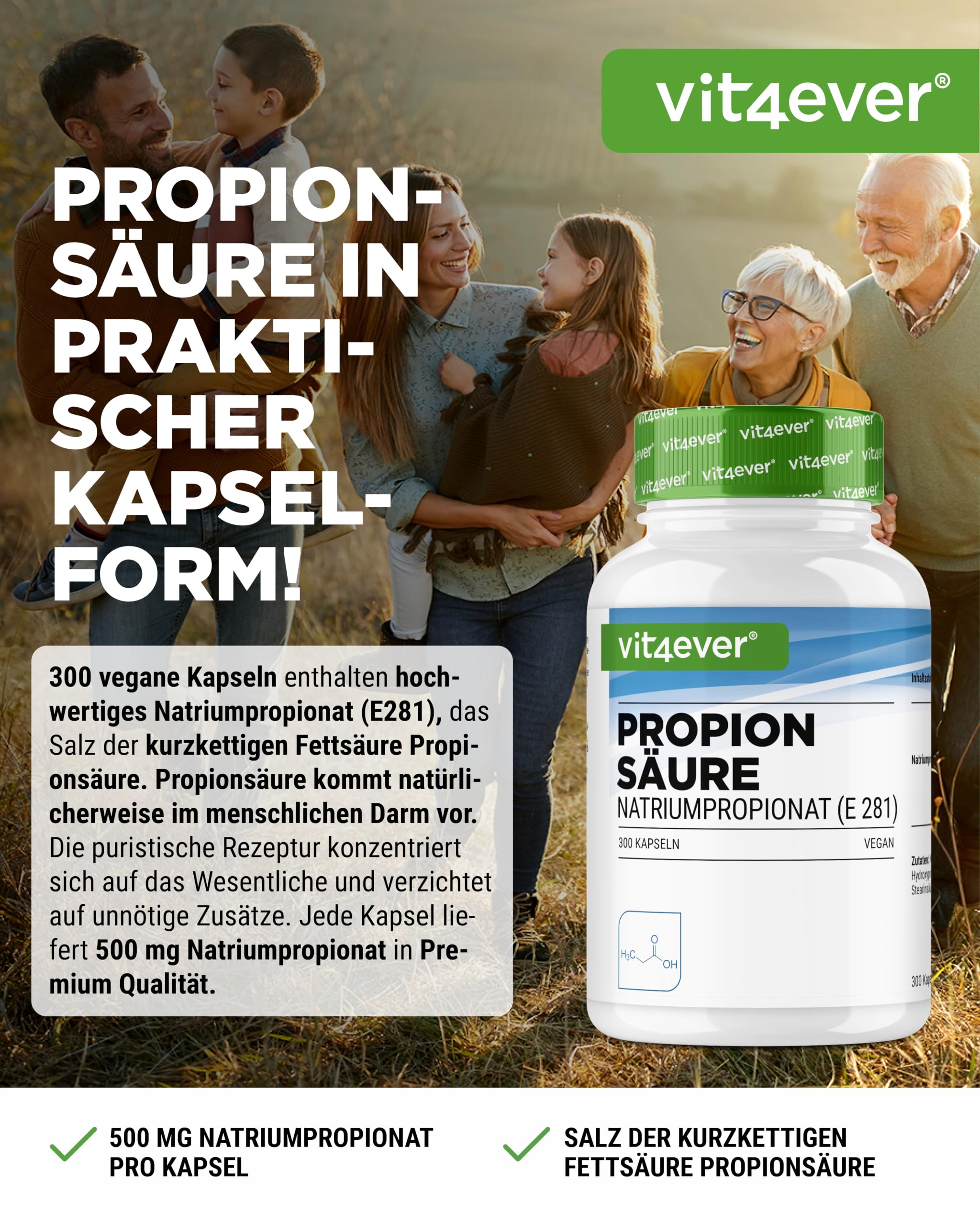 vit4ever Propionsäure (Natriumpropionat E281) - 300 vegane Kapseln | 500 mg pro Kapsel, Kurzkettige Fettsäure, Premium Qualität