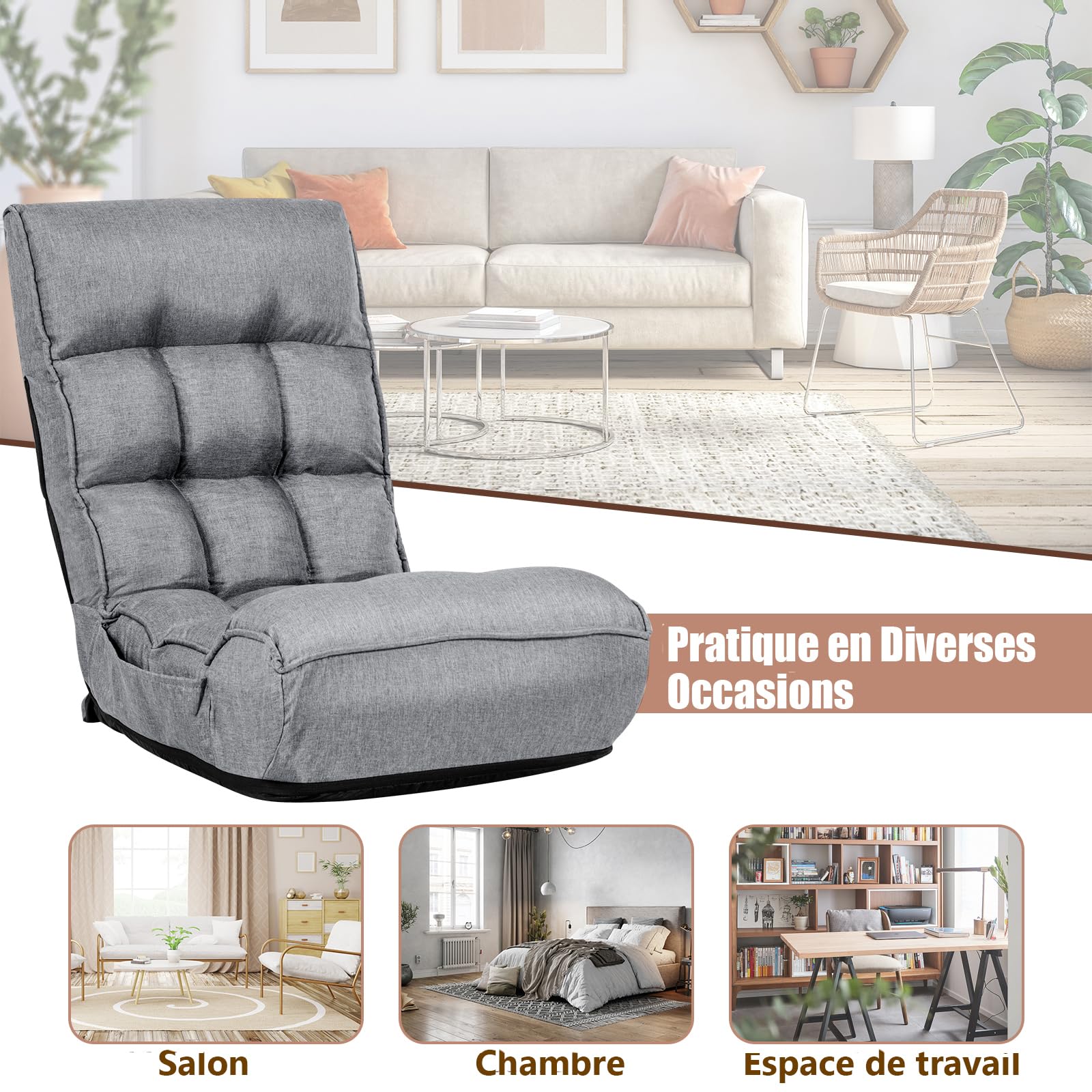 RELAX4LIFE Fauteuil Bas Multiposition Réglable Dossier 4 Positions Charge 140kg, Chauffeuse Convertible en Lin Appui-tête en 5 Positions Fauteuil Paresseux 1 Place Adulte Enfant (Lin, Gris)