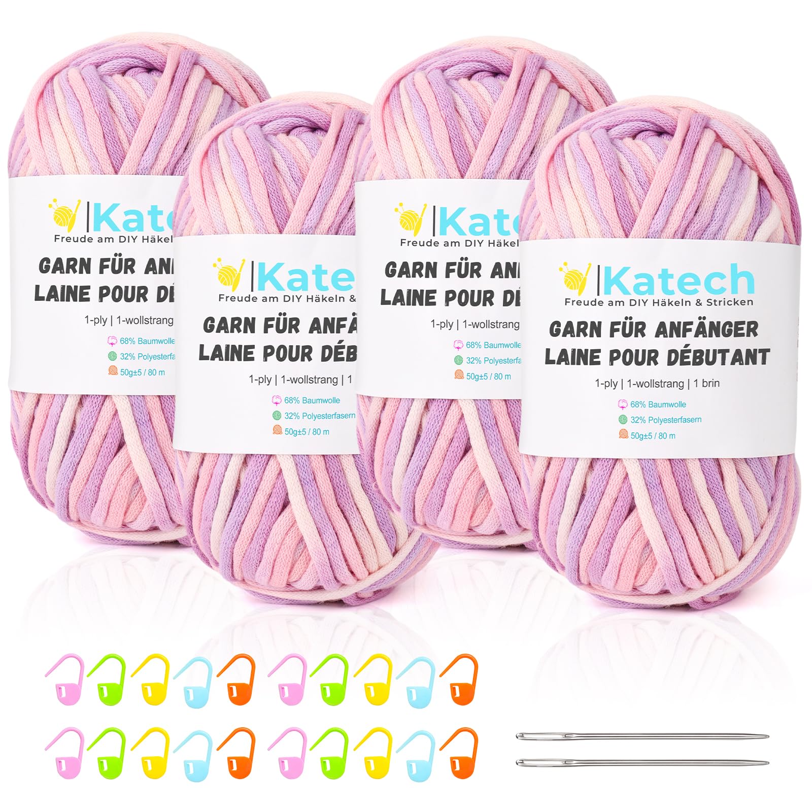 Katech Lana Per Uncinetto In Cotone – Confezione Da 4 Gomitoli Da 50g (circa 80m Cad.) – Spessore 4mm, 1 Capo, Morbida E Resistente, Per Principianti – Inclusi 2 Aghi E 20 Marcapunti - 2