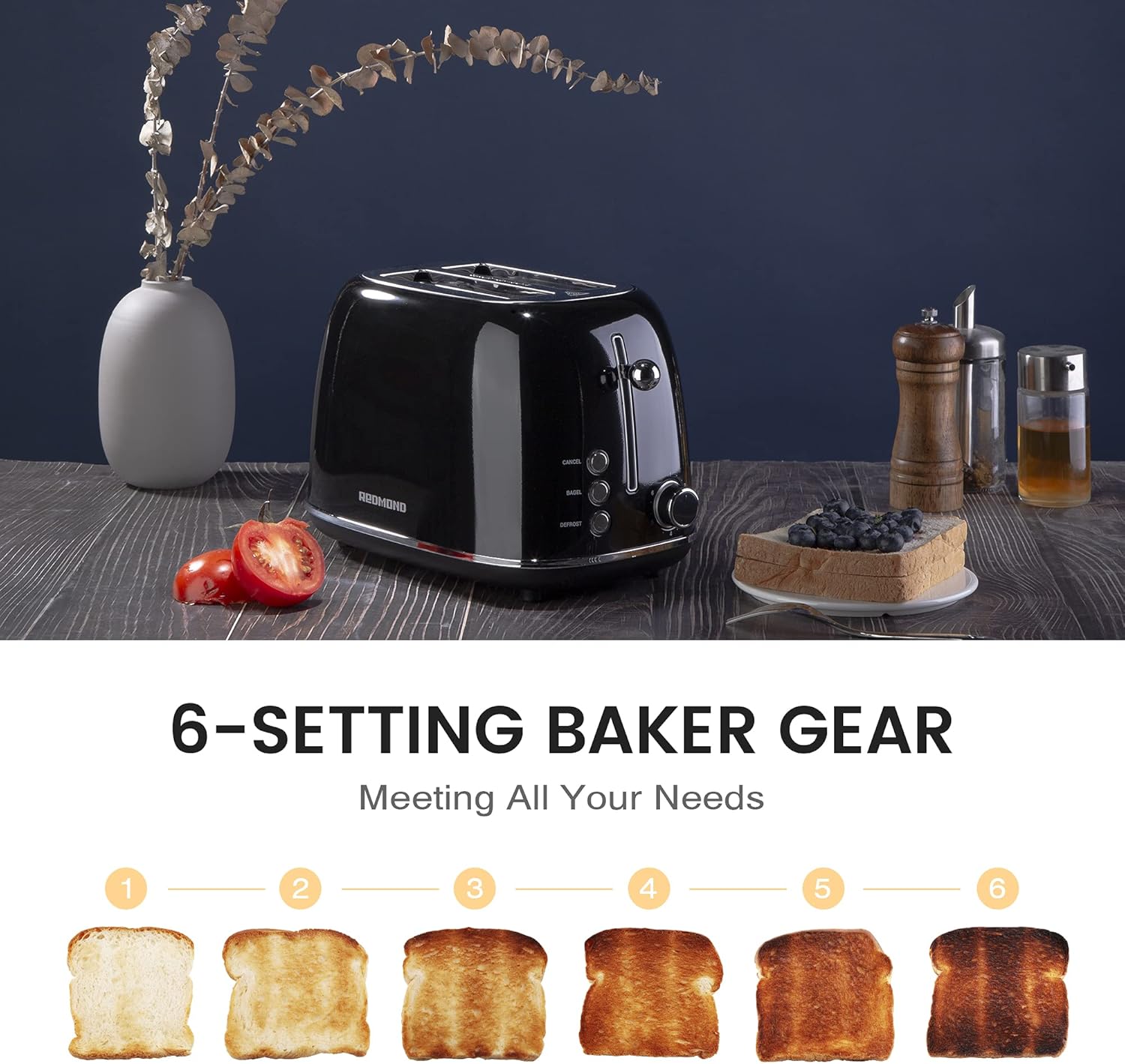 REDMOND 2 Slice Toaster Retro Stainless Steel Toaster with Bagel, Cancel, Defrost Function and 6 Bread Shade Settings Bread Toaster, Extra Wide Slot and Removable Crumb Tray, Black, ST028: Home & Kitchen