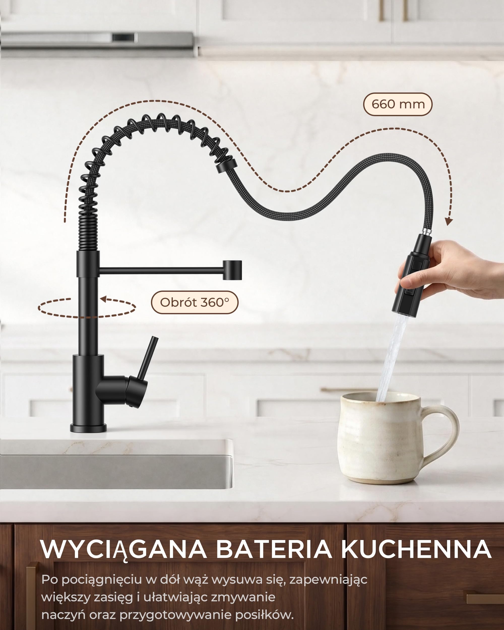 FORIOUS Bateria Kuchenna, Wyciągany Kran Kuchenny, Kran Zlewozmywakowy z Jednym Uchwytem i 23 Funkcjami Natrysku, 360° Obrotowy Sprężynowy Kran, Czarny Matowy