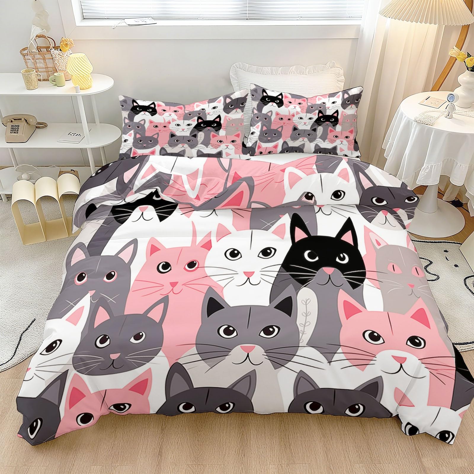 Housse de couette 200x200 chats parure de lit animaux gris rose ensemble literie