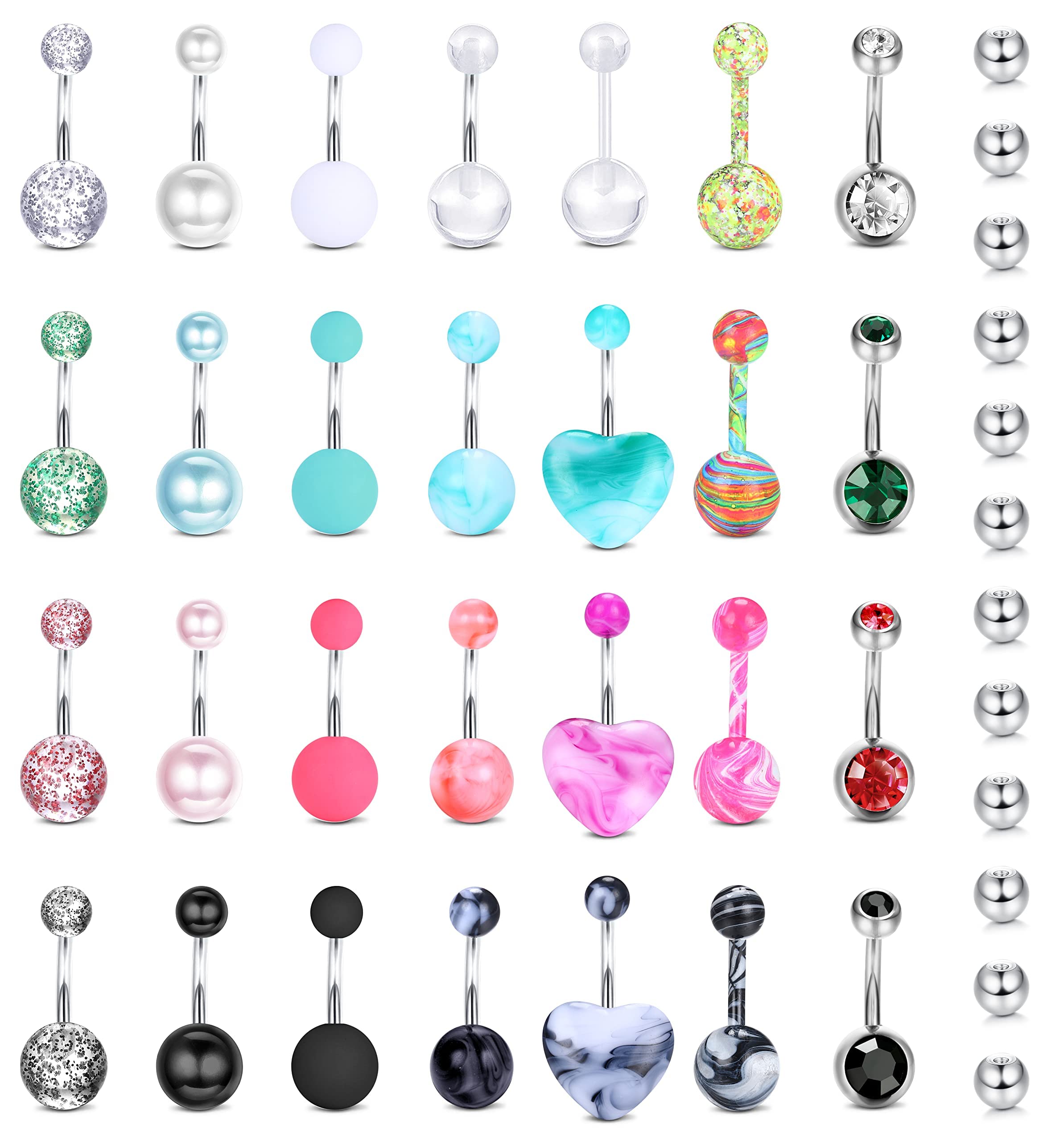 Chriscoco 28 Piezas 14G Piercing Ombligo Anillos de Ombligo para Mujeres Niñas Acero Inoxidable Barras de Vientre Corazón CZ Barra Barbell Piercing Joyería