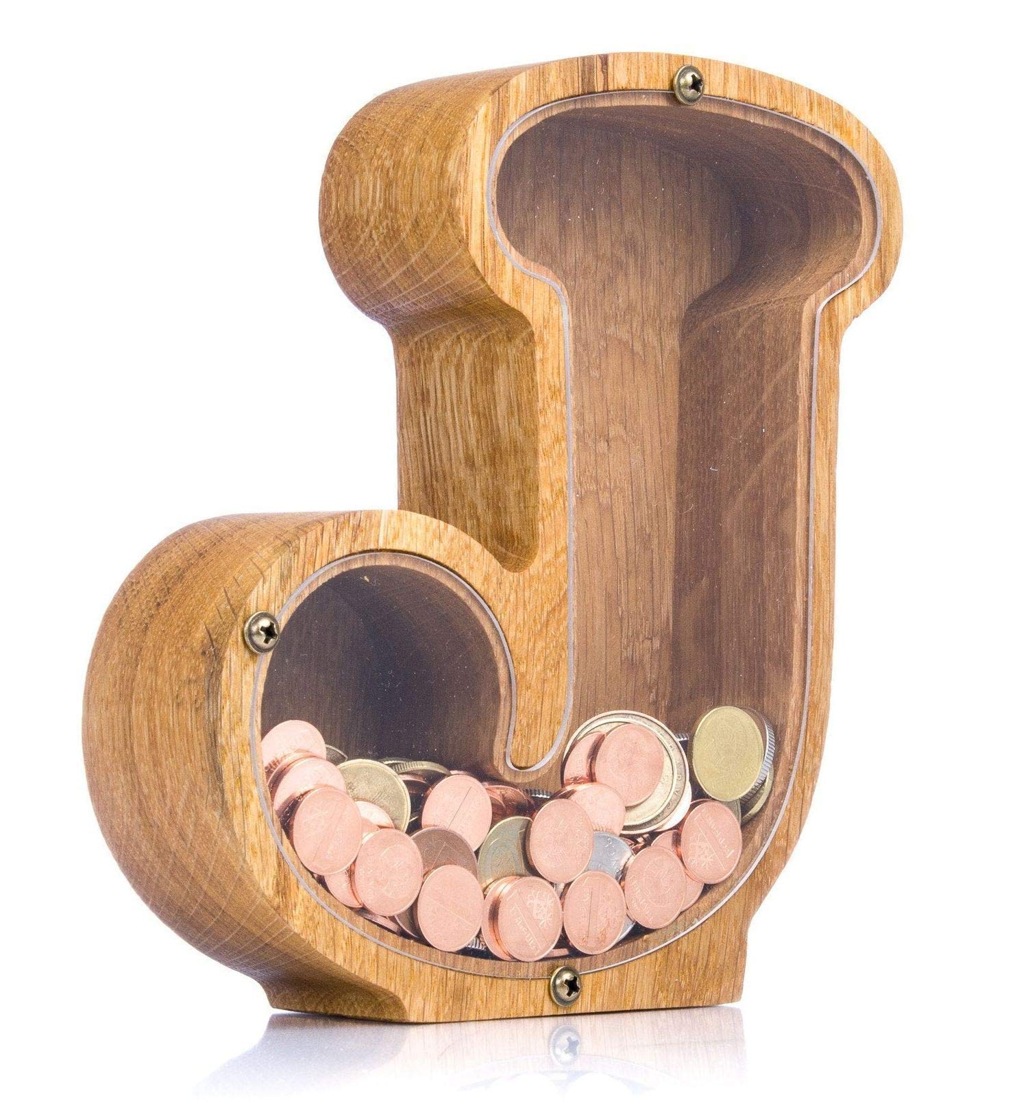 Personalized Wooden Piggy Bank LETTER for Boys Girls Adults - Durable Oak Wood Coin Banks 3 SIZES to Choose From - Kids Nursery Decor Engraved Money Box - Christmas Baby Shower Gift (Letter J)