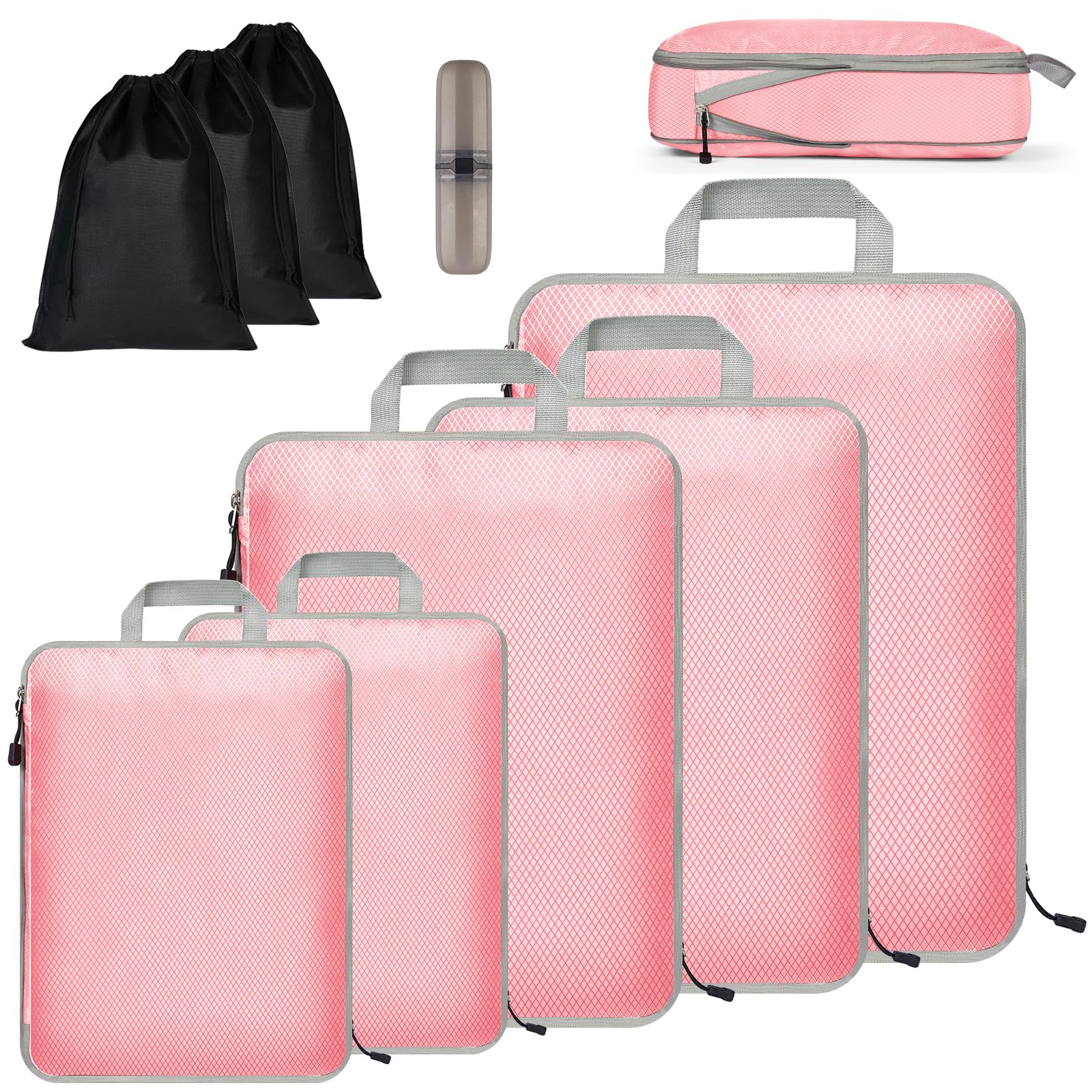 Eucomir Organizer Valigia Set di 9 Cubi da Viaggio,Sacchetti di Organizzatore Estensibile per Organizer Valigia Salvaspazio,Organizer Valigie Viaggio Set,per Viaggi o Deposito per la Casa,Rosa