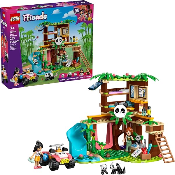 Detailed view of the LEGO Friends Panda Sanctuary main structure, showcasing the tree house and water slide features.