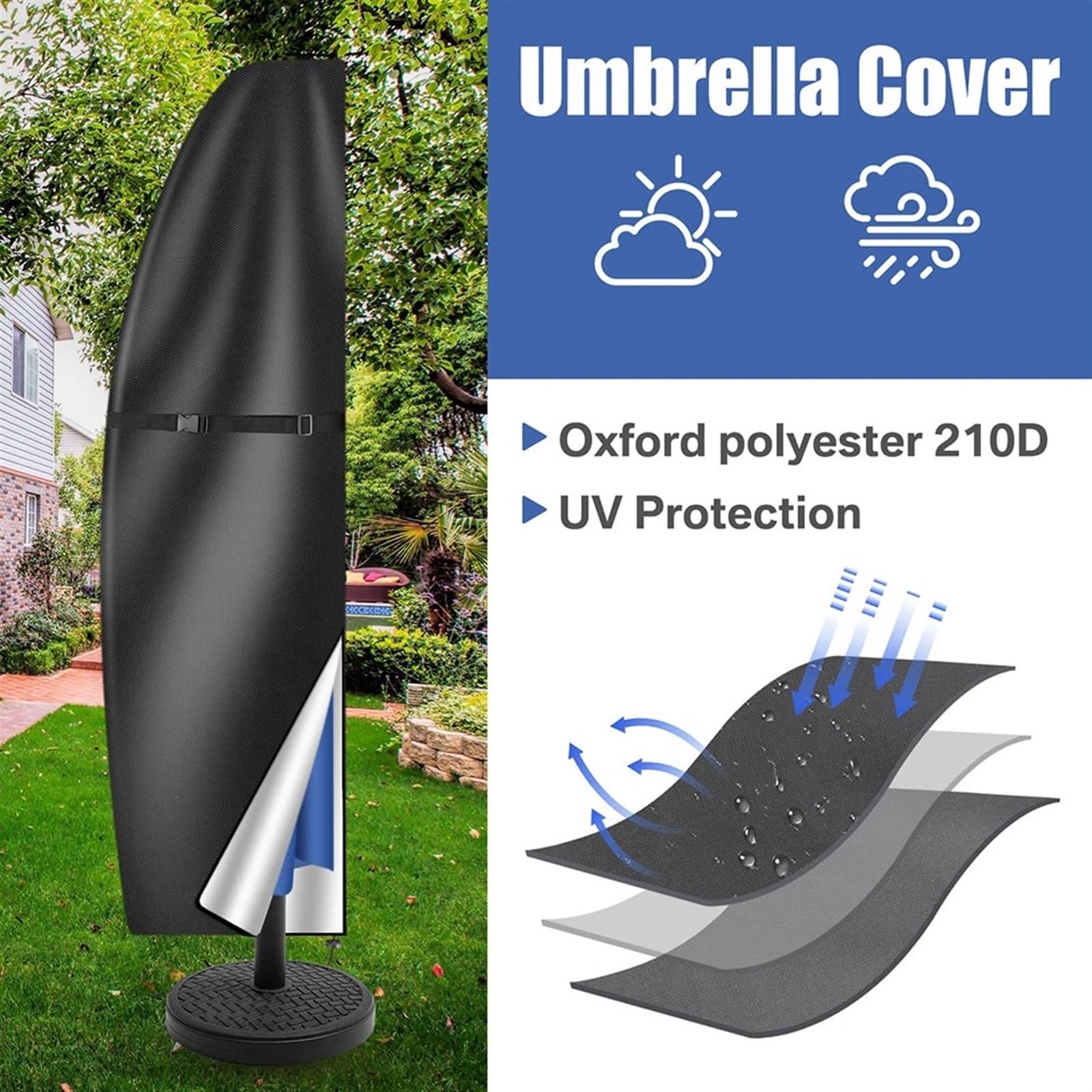 Schutzhülle für Sonnenschirm Wasserdichte Schutzhülle for Terrassenschirm im Freien, freitragend(Black,210D Height 280cm)