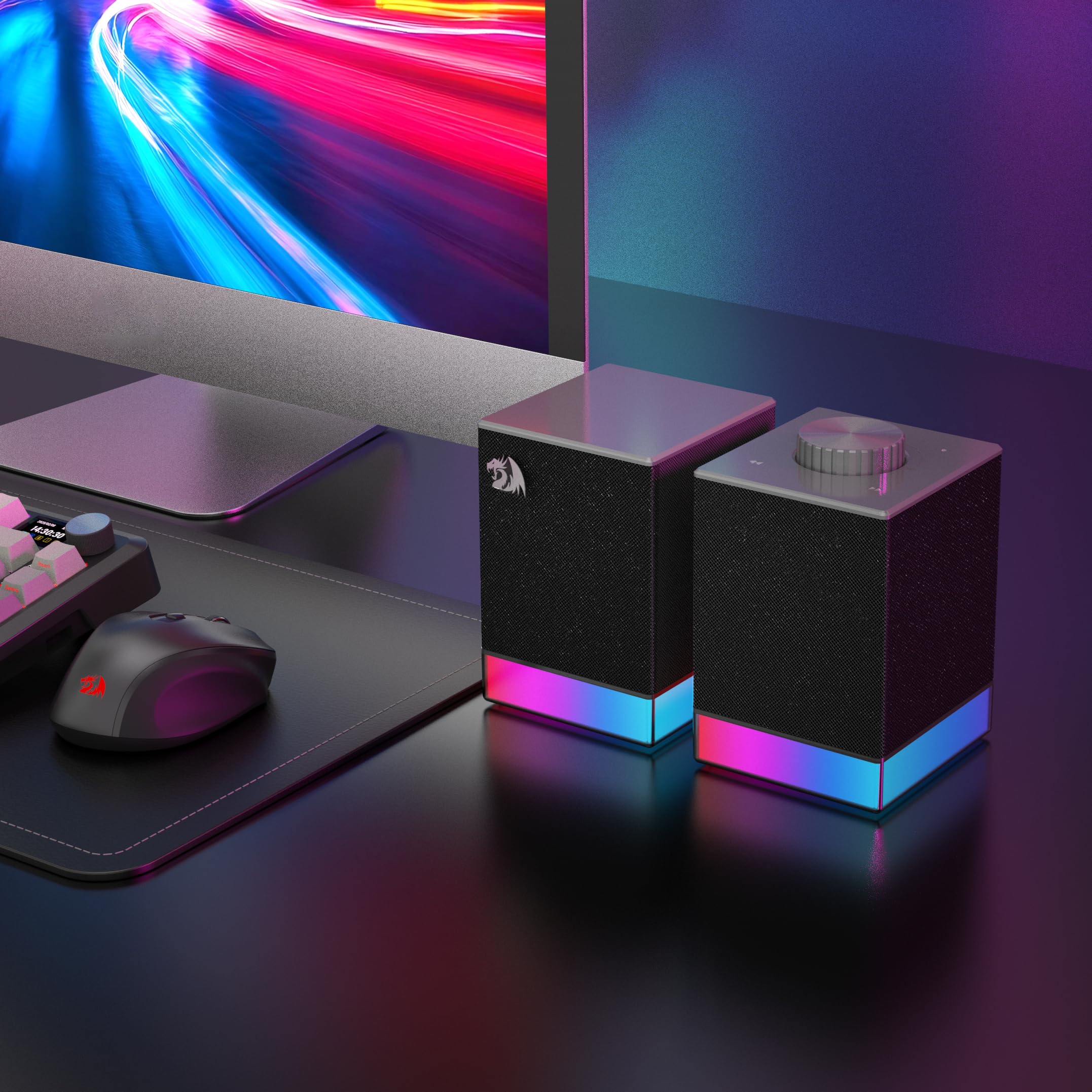 Redragon GS517 - Altoparlante per computer RGB, sistema audio stereo 2.0 con doppia connettività BT e USB, 8 effetti di illuminazione RGB, comandi touch e manopola del volume, perfetto per giochi e