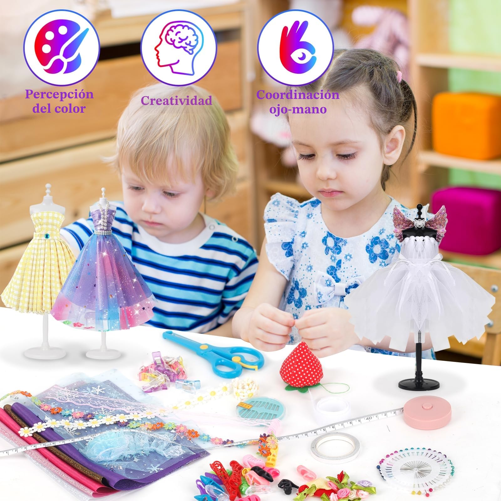 YOCOLE 1000+ Piezas Kit Diseña la Moda Niña, DIY Kit Costura con Telas Manualidades con 5 Maniquíes Accesorios, Regalos Fashion Designer Creativos Juegos para Niñas Niños 6 7 8 9 10 11 Años
