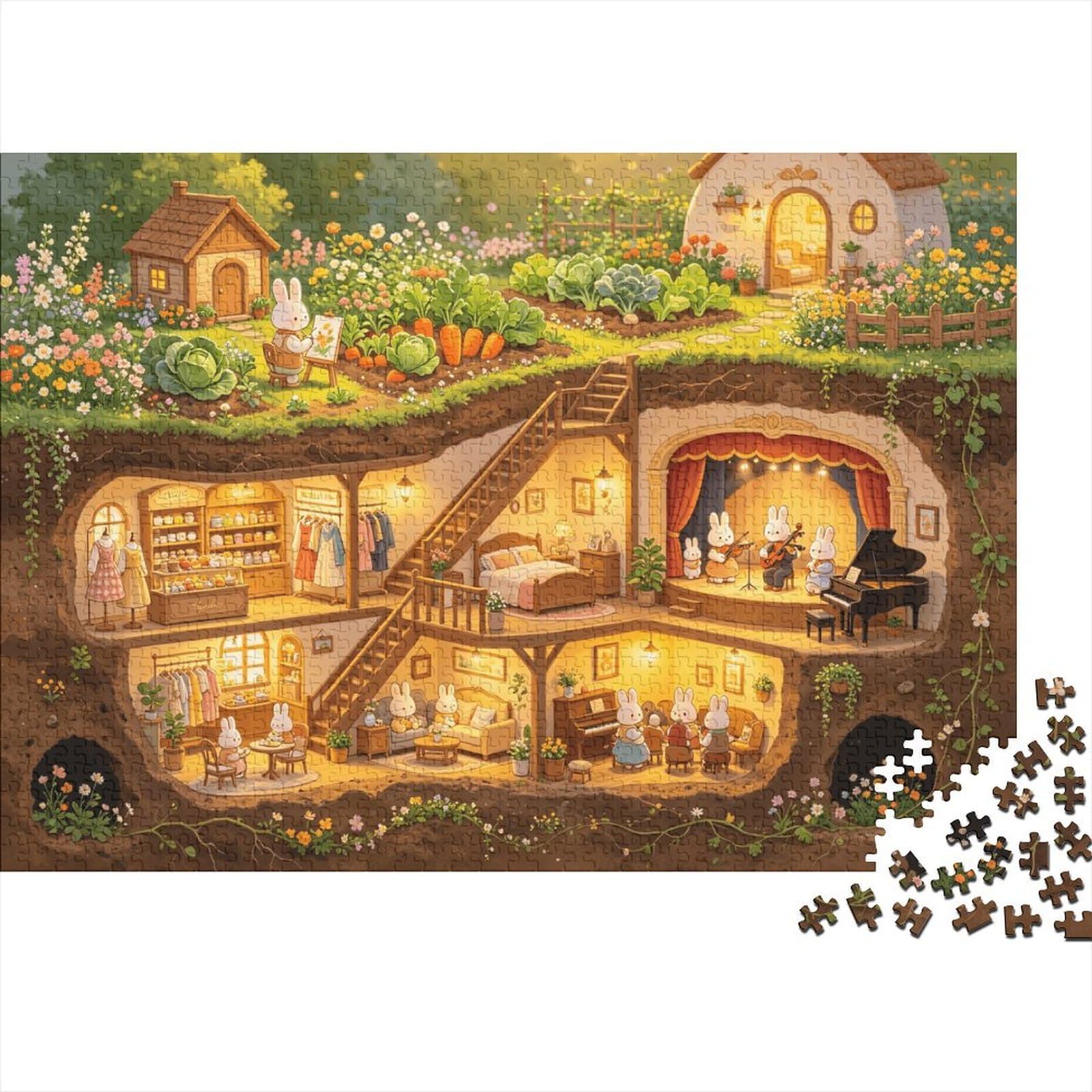 Rabbit Burrow Jigsaw Puzzle 1000 Pieces Recyclable Whimsical Home Senior Puzzles Educational Game Decompression Ideal for Family And Friends Birthdays 38x26cm/1000pcs