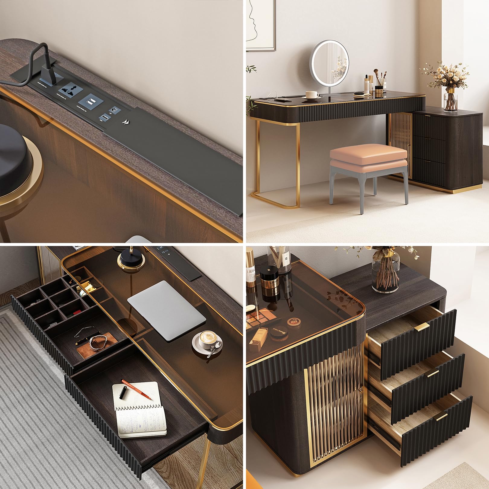 Lartis Scrivania da ufficio, molto facile da montare, scrivania per computer, scrivania telescopica per casa, moderna scrivania per computer con armadio retrattile luci LED integrate (nero marrone