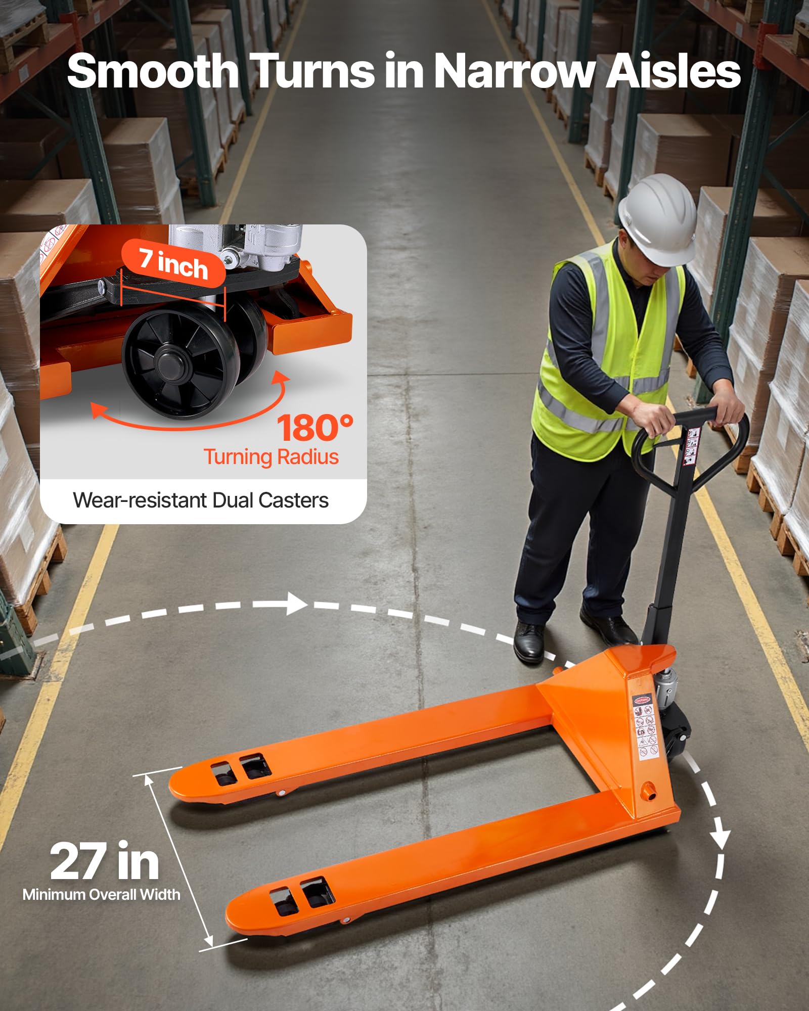 VEVOR Transpallet, Capacità 3 T, Transpallet Manuale con Forche da 1620 x 685 x 1225 mm per Movimentazione Materiali, Altezza di Sollevamento Forche 85-180 mm, per Magazzino, Supermercato