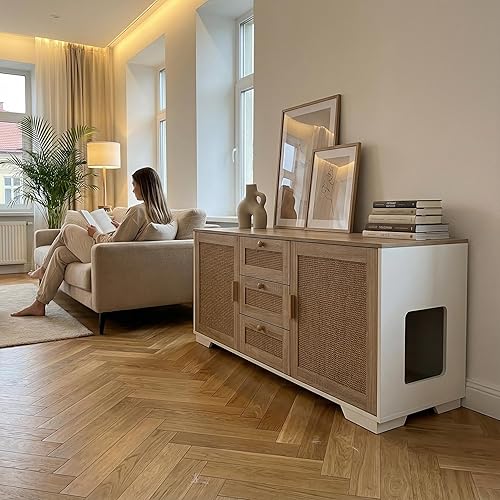 Miniatura 8 de Caja de arena para gatos, mueble oculto para interiores 2 en 1, armario de madera para gatos y baño con puertas de tabla de rascar y 3 cajones para