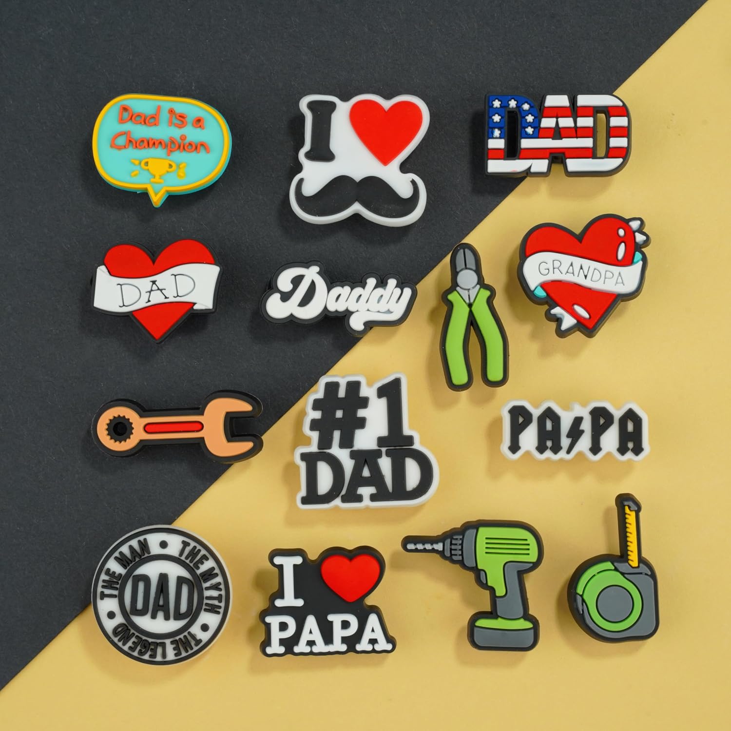 Dad Theme Shoe Charms, Father Gift Ideas with Tools, Drill & Heart Dad Designs PVC Accessories for Shoes, Sandals, Bracelets and Bags–Gifts for Birthday, Holiday, Party.