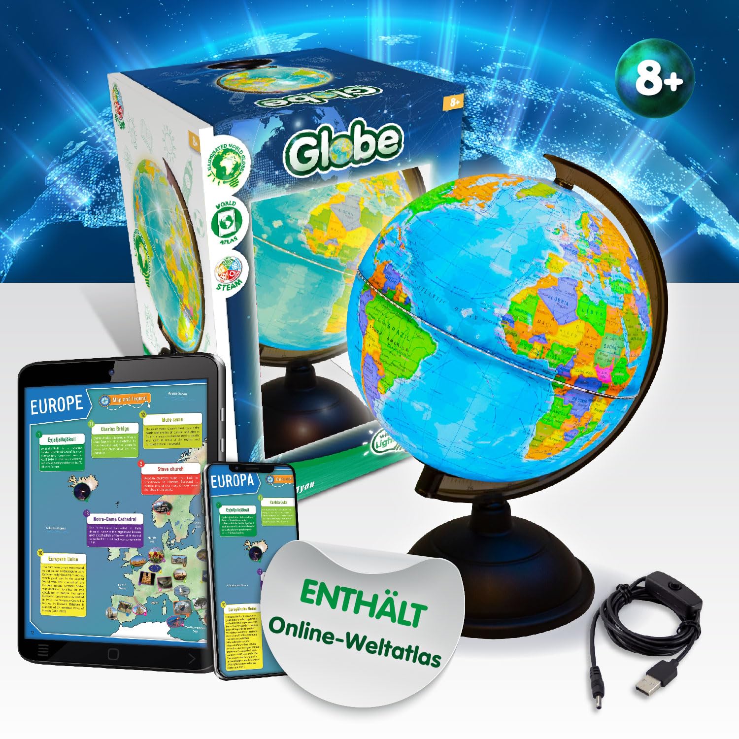 Science4you Globus Beleuchtet für Jungens & Mädchen +8 Jahre – Kinderatlas Kinder: Globus Deko auf Englisch mit Weltkarte, Spiel des Wissens und Geographie Spiel, Lernspiele für Kinder 7 8 9 10 Jahre