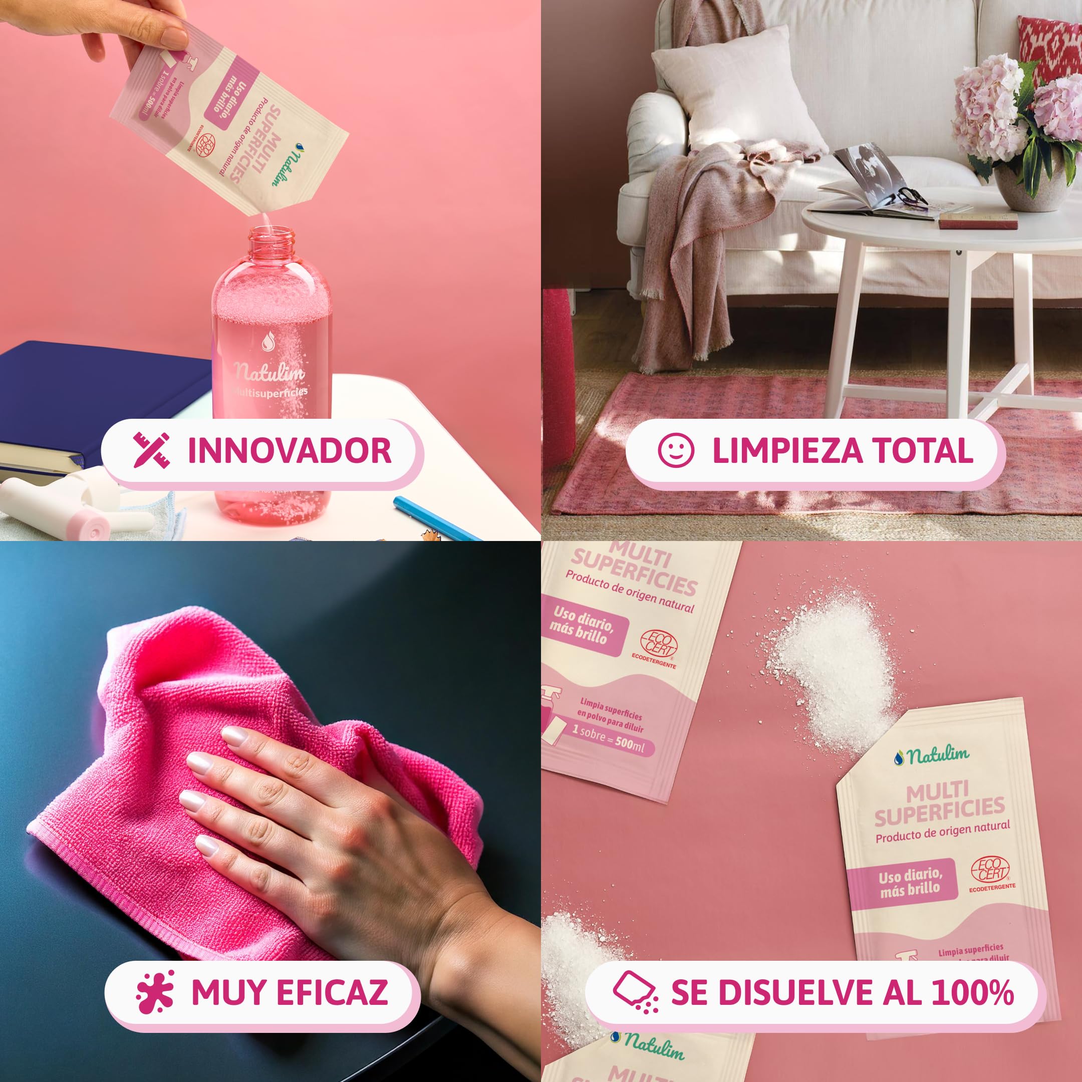 Natulim Pack 4 Esenciales de Limpieza del Hogar - Limpiacristales, Antical, Multisuperficies y Desengrasante - Set Pulverizador Recargable 500 ml + 8 Sobres - Fórmula Eficaz y Natural