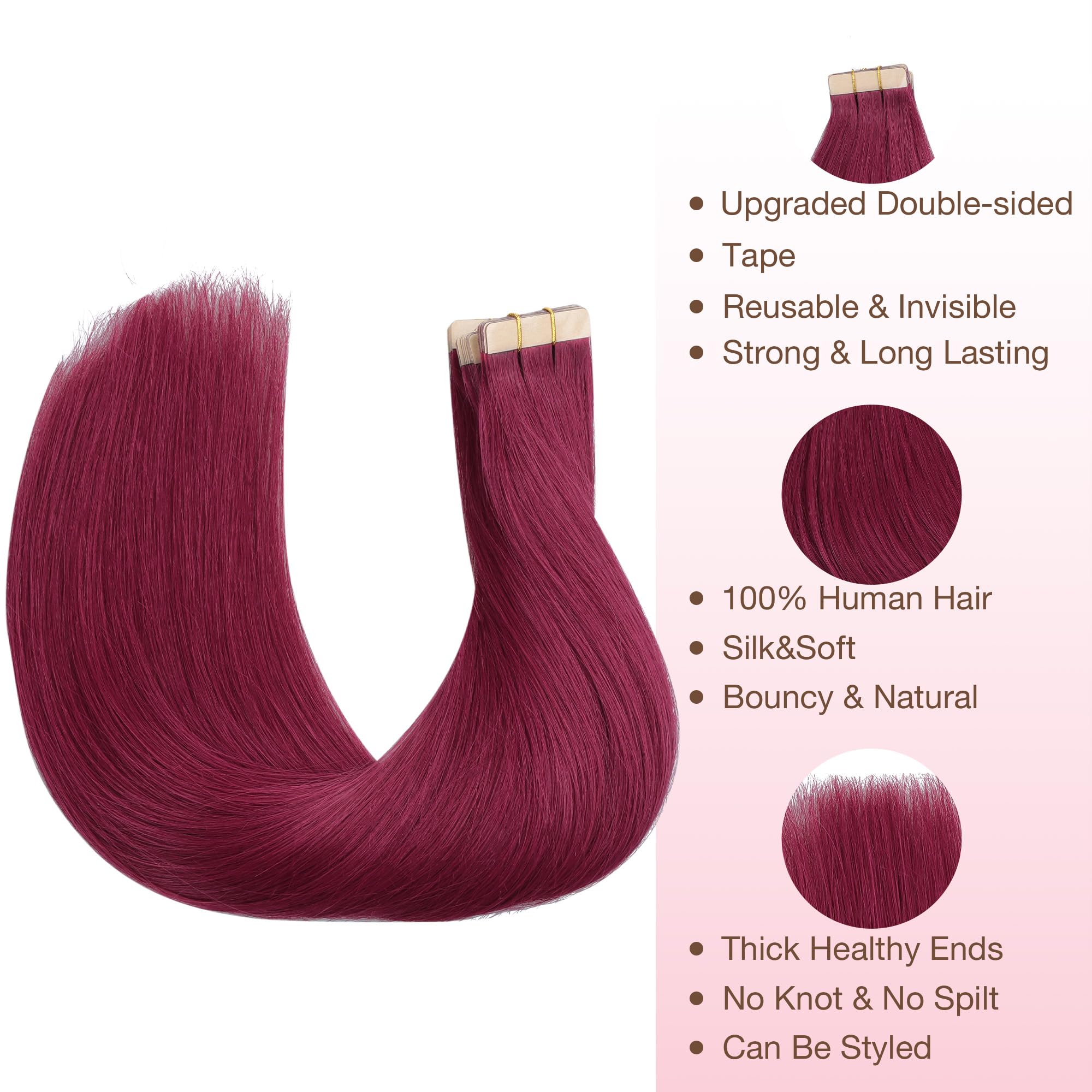 GOO GOO Extension Capelli Veri Biadesivo, Extension Biadesive Capelli Veri, 40cm-25g, Rosso Borgogna