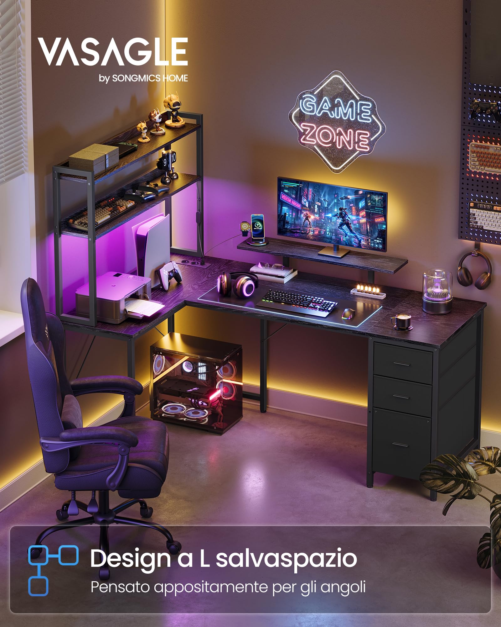 VASAGLE Scrivania Angolare, Scrivania da Gaming con Prese e Porte USB, Luci LED, 3 Cassetti, Supporto per Monitor, 160 x 100 x 150 cm, Nero Ebano, Collezione BARNET LWD163B101