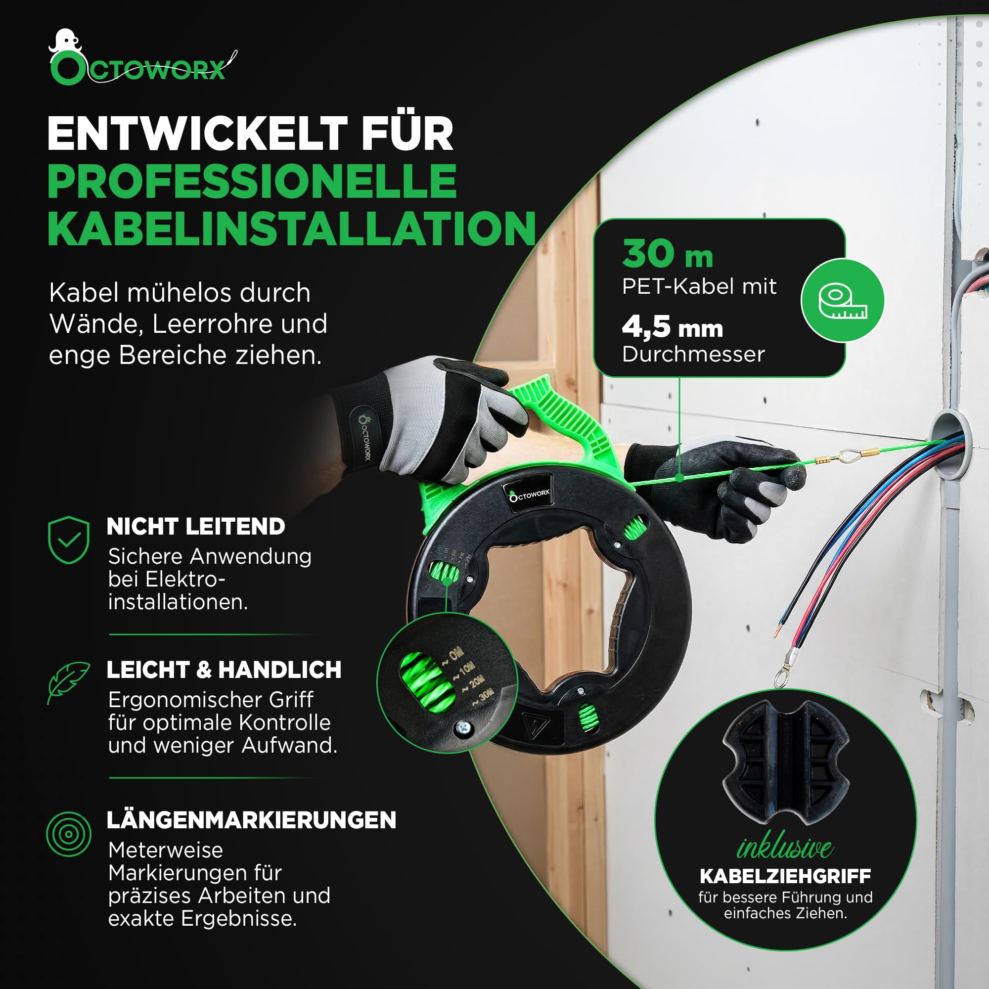 Kabeleinziehhilfe 30m mit Kabelziehgriff & 8 Adaptern | Einziehhilfe für Leerrohre, Elektro & Glasfaser – Zugdraht, Einziehband, Einziehspirale, PET-Kabel Ø4,5mm