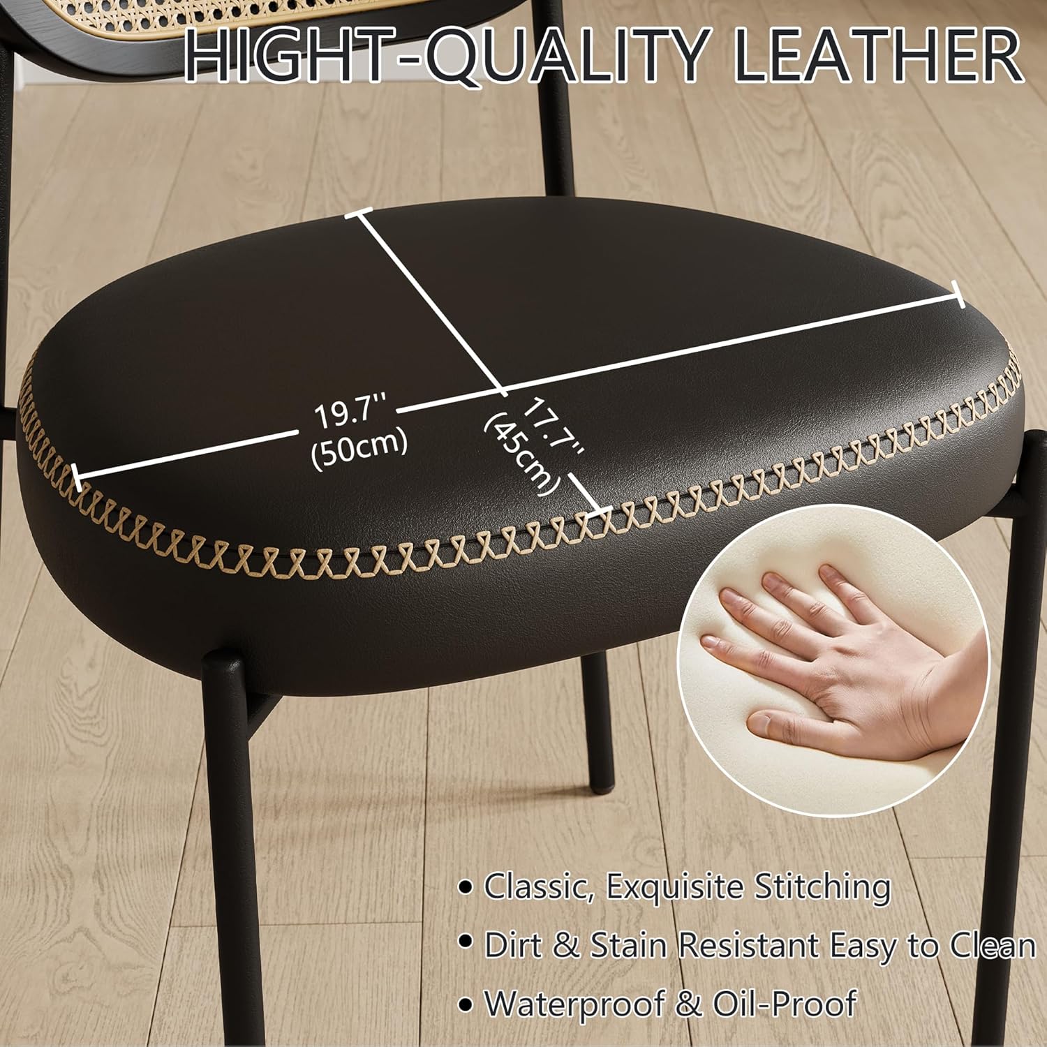 Rattan Dining Chairs Set of 4, Leather Upholstered Dining Chairs with Rattan Cane Back, Mid Century Modern Dining Room Chairs with Black Metal Legs & D-Shaped Thicken Cushion, Black