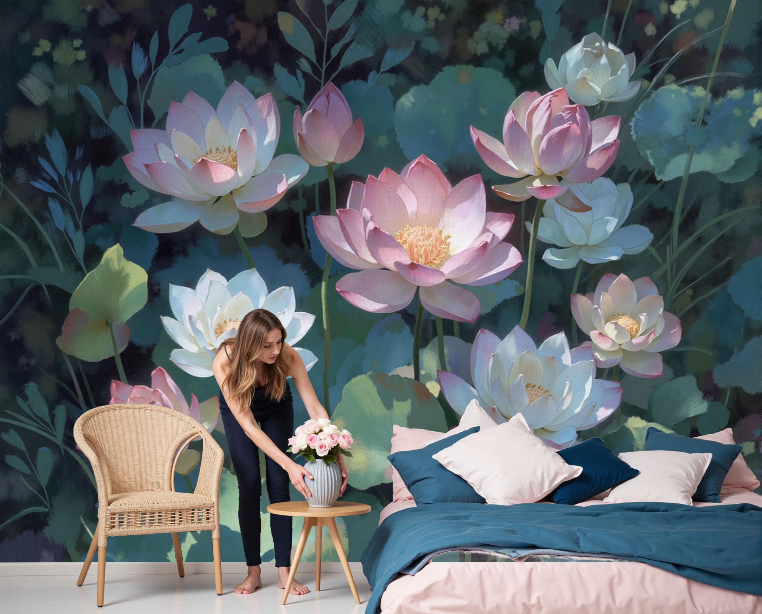 Papier peint lotus réaliste pour salon élégant panoramique bleu 3D
