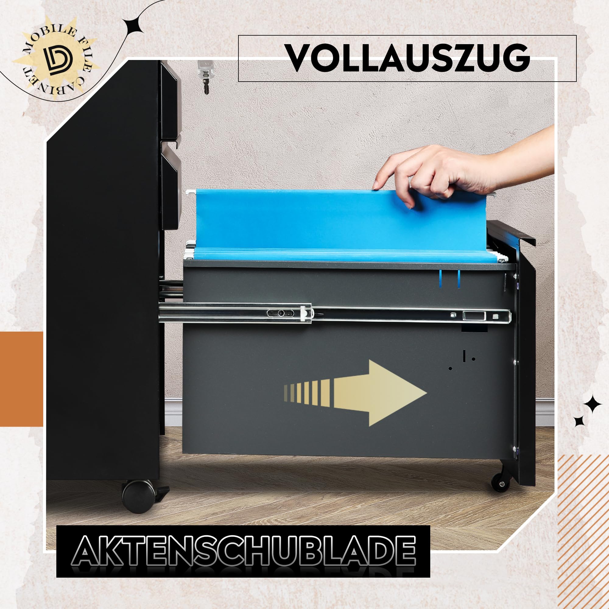 DEVAISE Rollcontainer mit 3 Schubladen, Metall Mobiler Aktenschrank mit Rollen, Druckertisch für DIN A4/Legal/Letter, Schreibtisch Unterschrank für Büro und Home Office, Schwarz