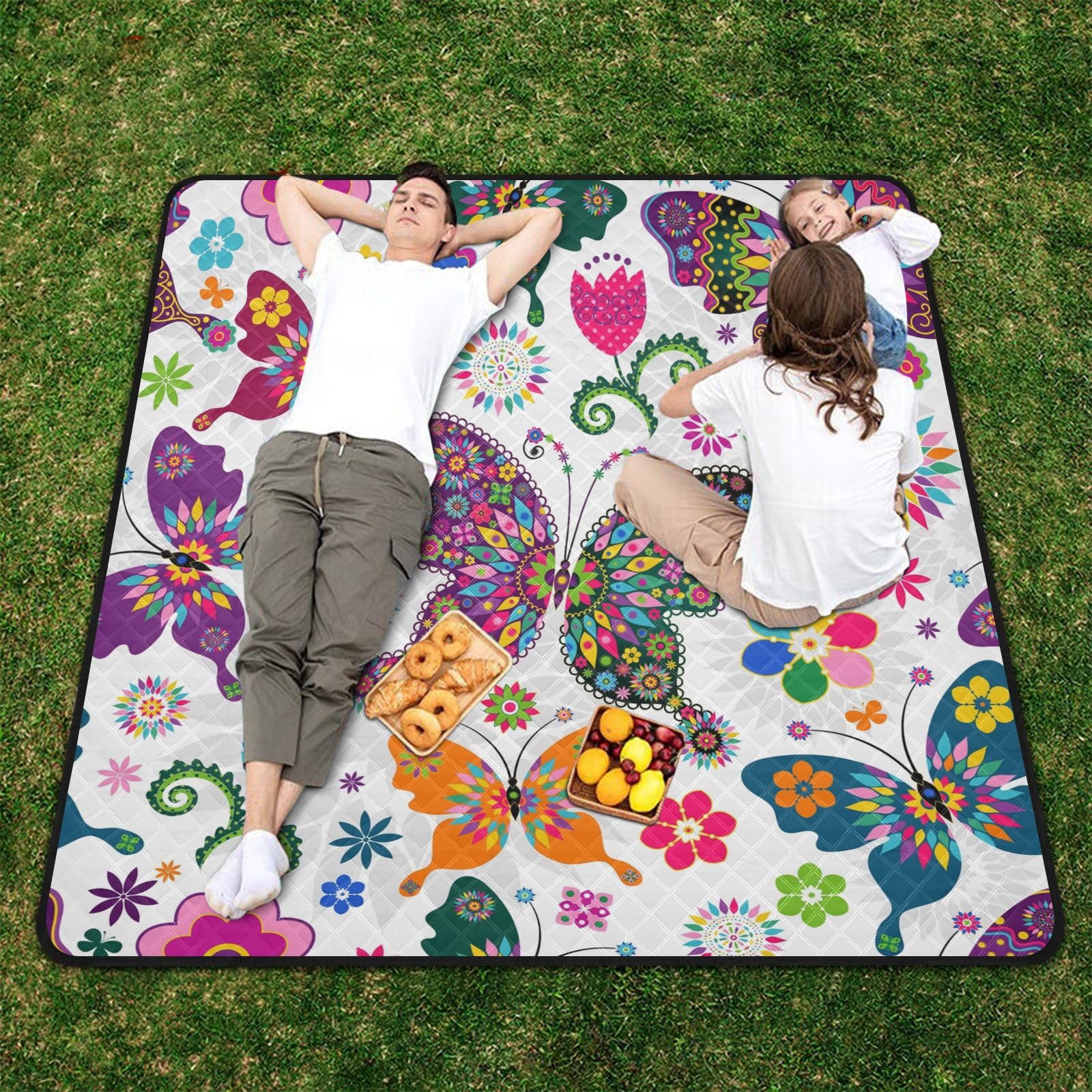 Picknickdecke, 200 x 200 cm, florales Schmetterling, Blume, große Picknickmatte, wasserdicht, Stranddecke, tragbarer Outdoor-Teppich, Camping-Matte