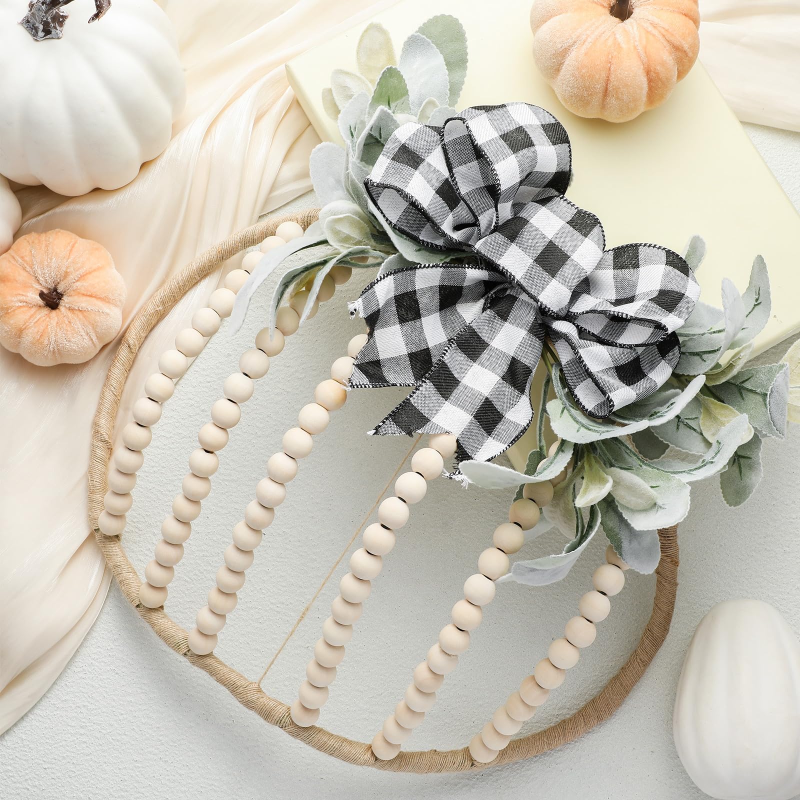 Leinuosen Couronne de perles en bois d'automne de 40,6 cm, couronne de citrouille avec nœud et feuilles en bois naturel bohème à suspendre pour porte, mur, décoration de Thanksgiving pour maison