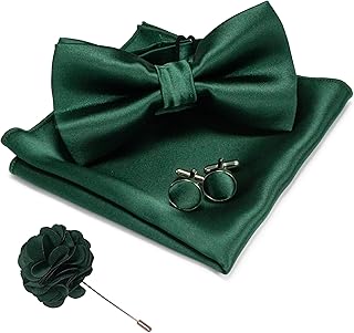 Pajarita de satén para hombre y pañuelo de bolsillo con gemelos, Verde Oscuro (6), M