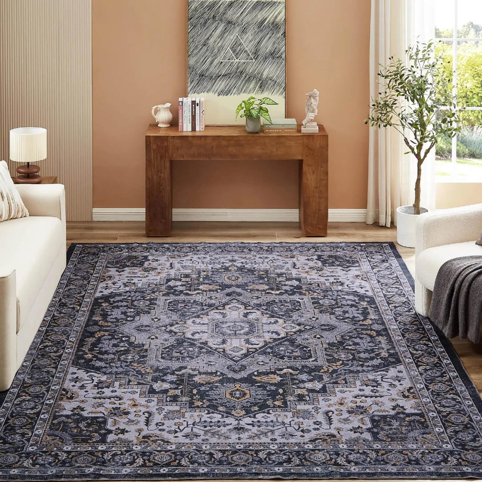 Floralux 8x10 Area Rugs, Ultra-Thin Oriental Rug for Living Room, Non-Slip Foldable Washable Rugs, Non Shedding Accent Rugs for Bedroom, Office, Dining Room (Black Gold, 8x10Ft.)
