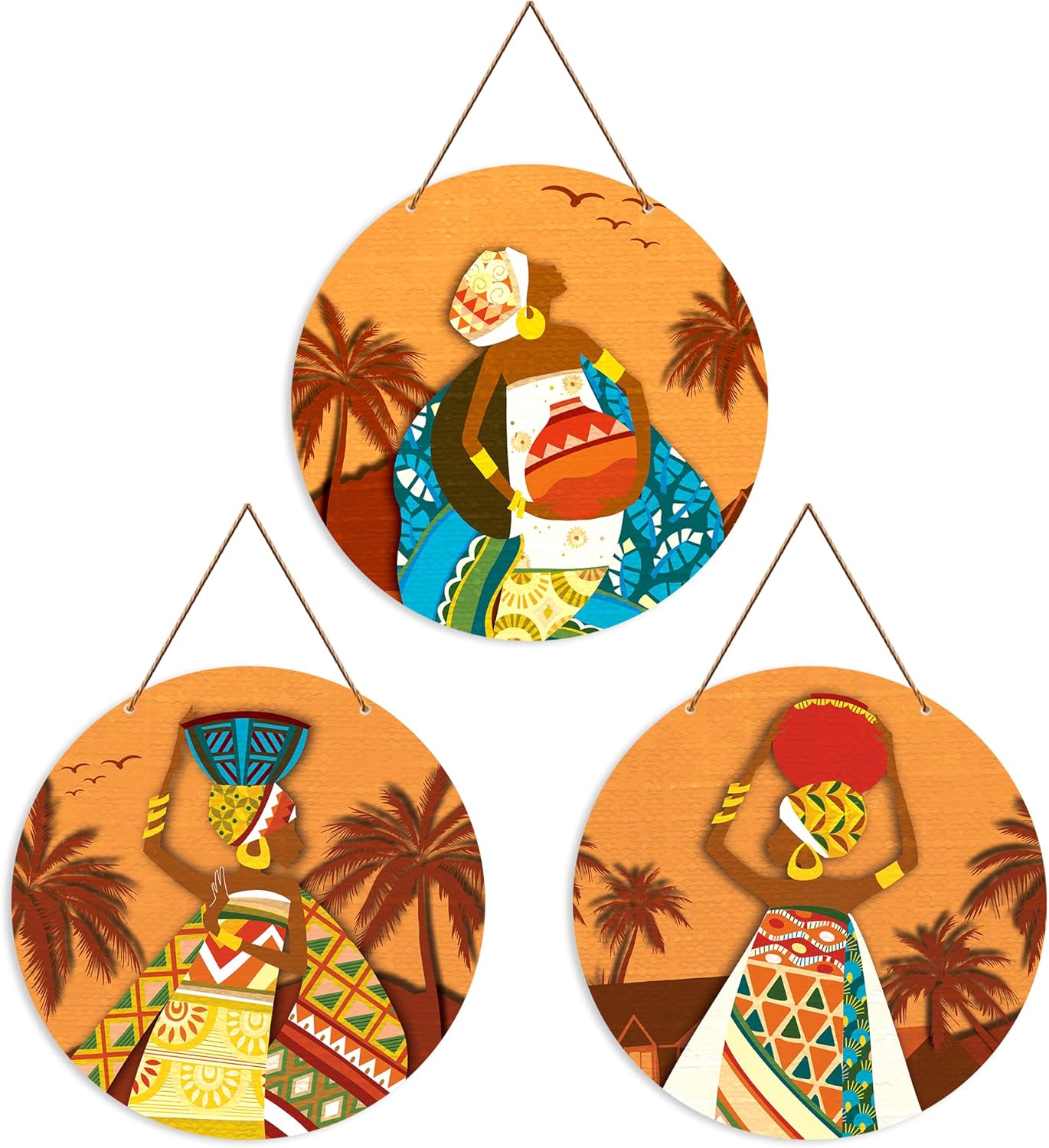 Artvibes African Village Themed Warli Art Round Wooden Wall Hanger for Home Decor | Living Room | Handcrafted Art | Wall Illustrations | Art Prints | Aesthetic Wall Art | Gifts (WH_4201N), Set of 3