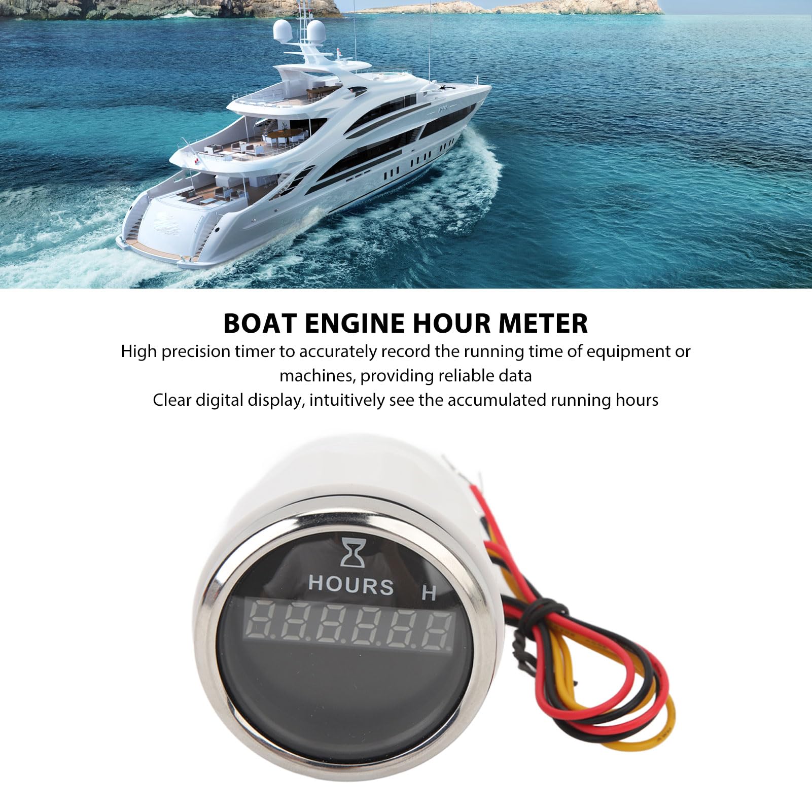 Contaore Digitale Rotondo per Barche DC 9V 52MM Contaore Rotondo ad Alta Precisione per Camper Yacht Barche (Lunetta Argentata con quadrante Nero)