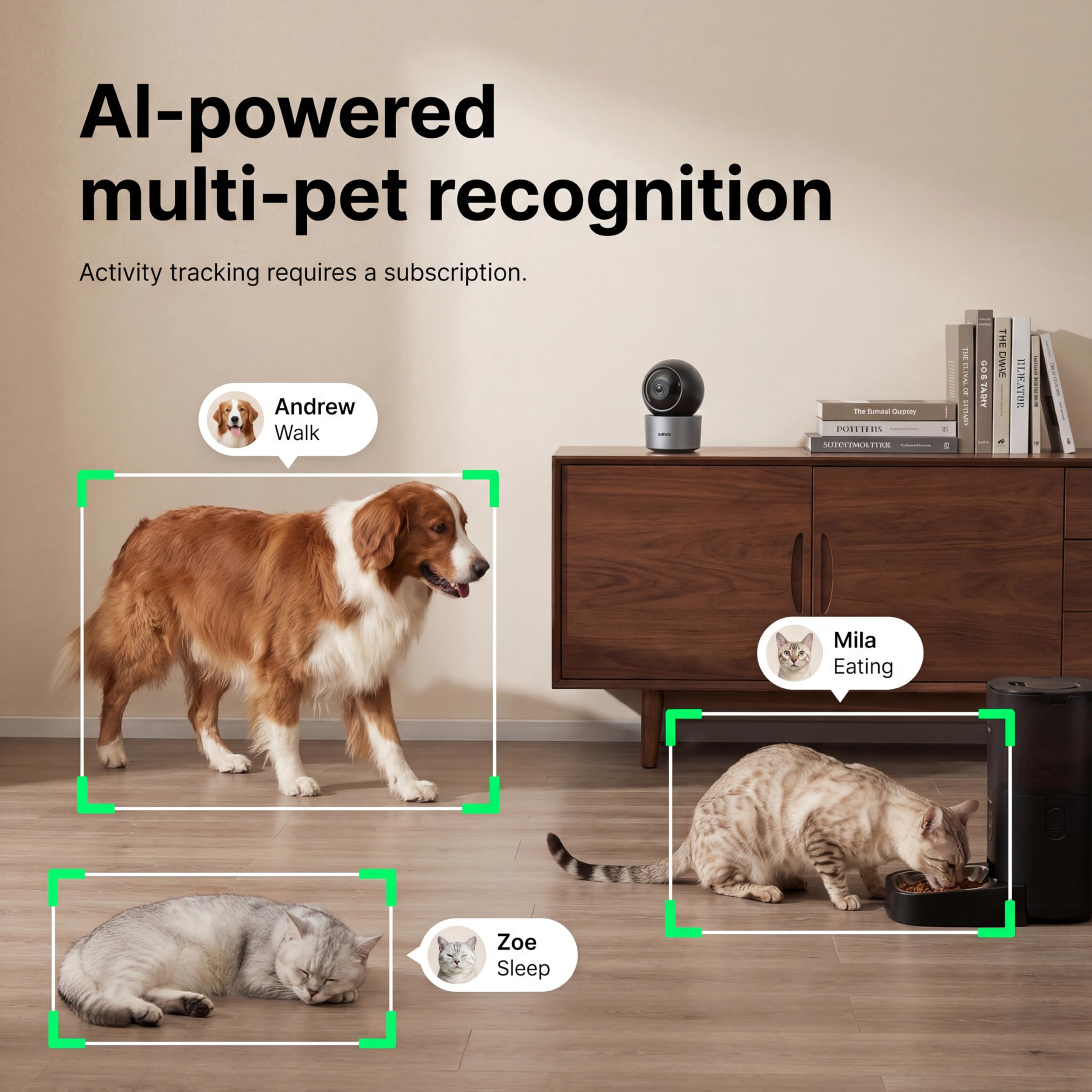 Cámara AI para mascotas, cámara para perros 2K 3MP con reconocimiento y análisis de comportamiento de múltiples mascotas con IA, monitor de gato de visión de 360°, WiFi de doble banda, gris