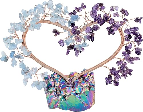 rockcloud Corazón en forma de amatista Aquamarin Crystal Money Tree Rainbow Titanium Coated Crystal Base Feng Shui Bonsai Reiki Decoración Regalo