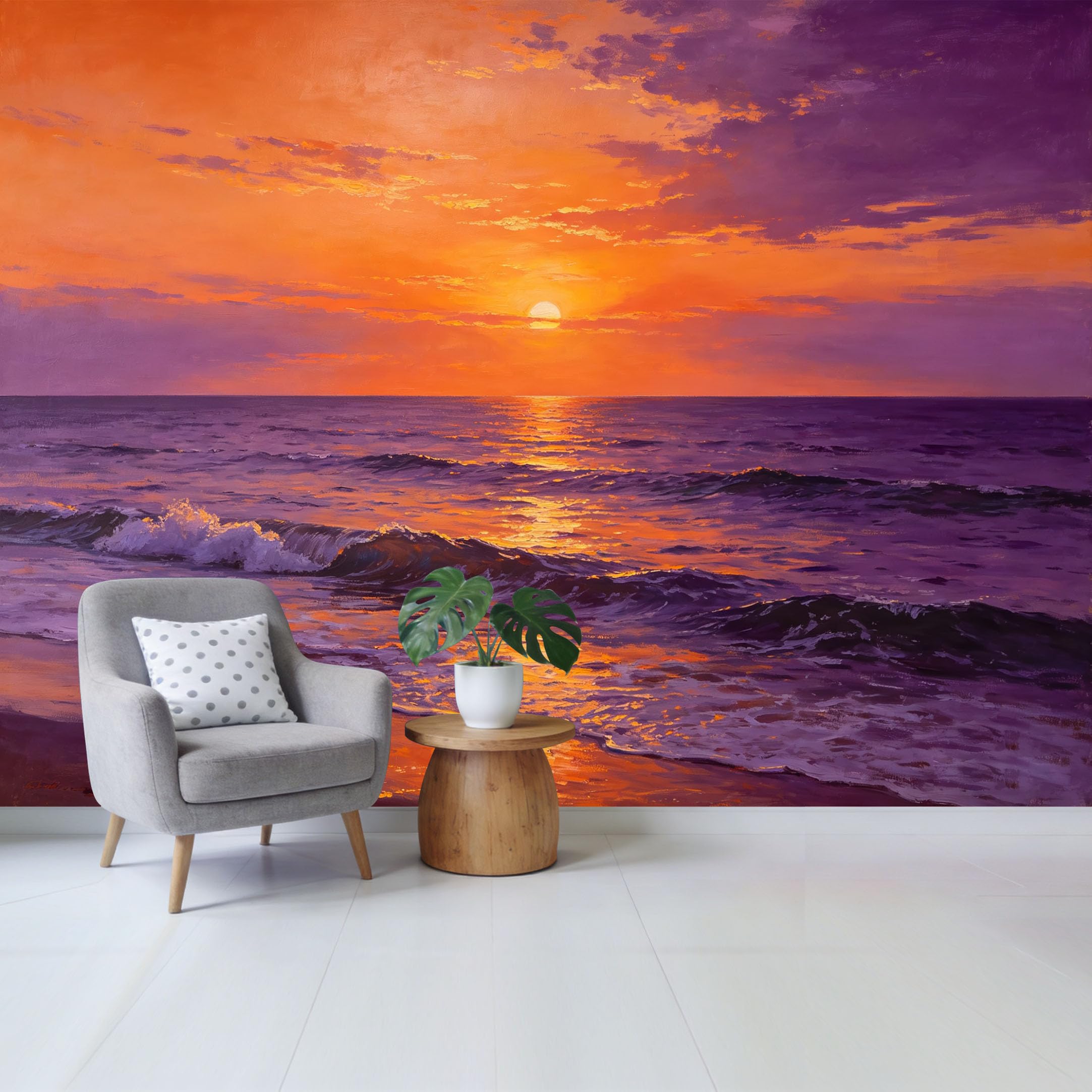 Qzlithotic Yq2605250342 Custom Size Wall Mural Dramatic Orange Sunset Ocean Waves Landscape Oil Painting Selfadhesive Wall Fabric Removable Wallpaper For Home Office Decor