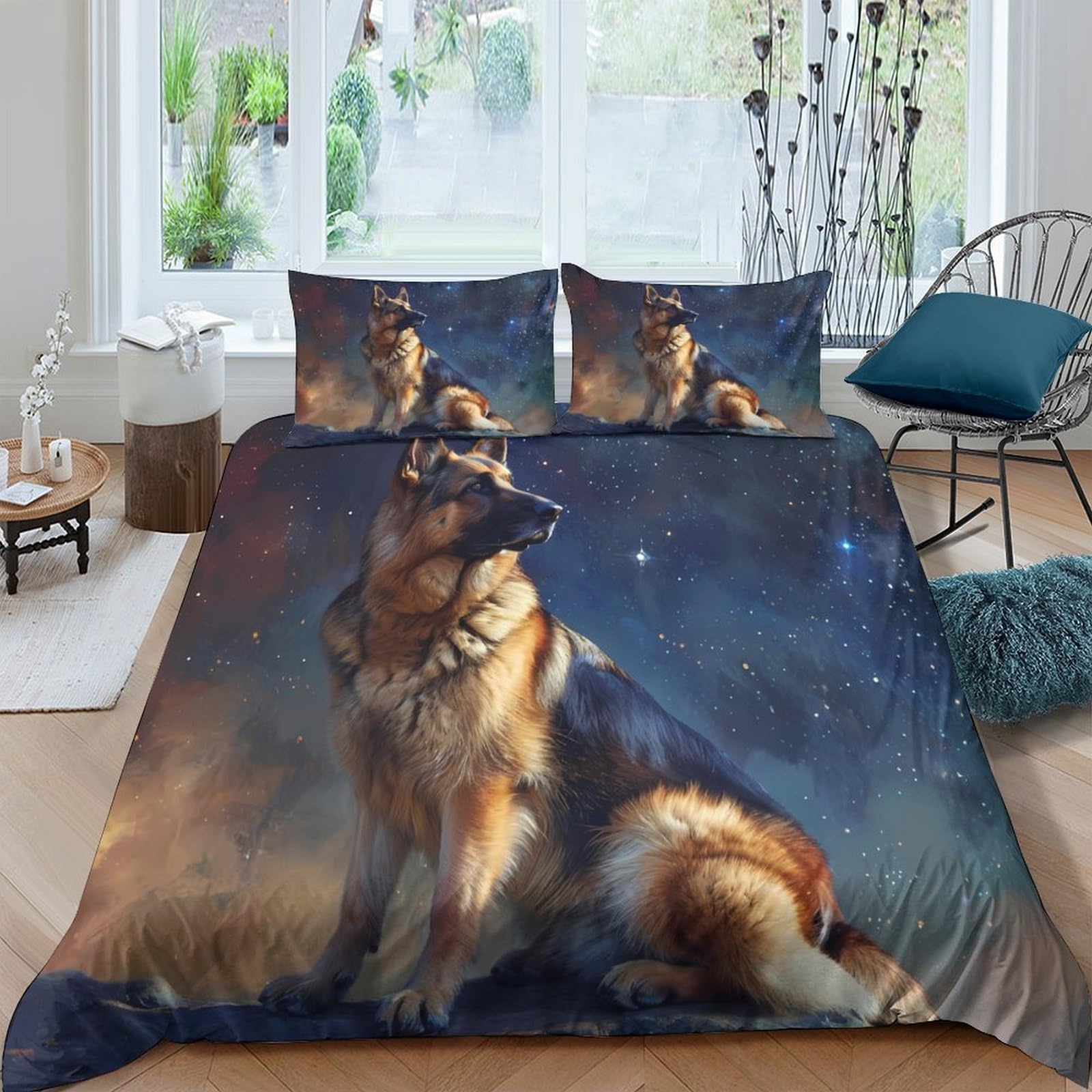 Ctjqhvkz Style-9 3D Printed German Shepherd Dog Fitted Sheet Microfiber Soft Anti-Slip Starry Night Mattress Cover Bedroom Decor Single（135X200cm）