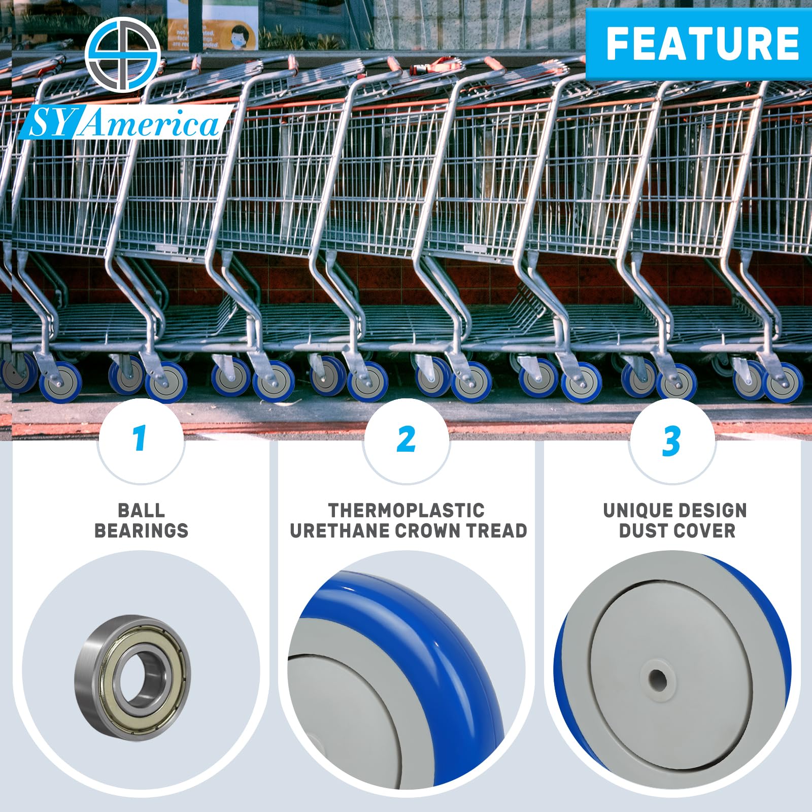 SY America - Kit di 4 ruote di ricambio per carrello della spesa da 12,7 cm, doppi cuscinetti di precisione, in poliuretano, capacità di carico 635 kg (foro da 5/16", blu)