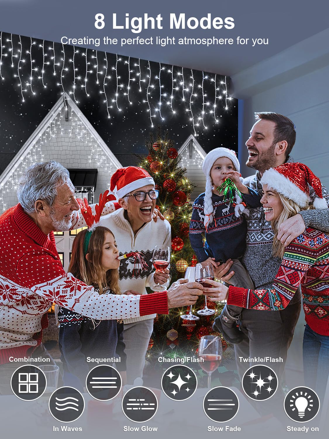 ARKOCHIC 10M Luci Natale Esterno Cascata, 400 LED Tenda Luminosa Bianco Caldo, Luci Natalizie da Esterno con Telecomando, 8 Modalità, Luci Decorazione Natale per Feste, Finestra, Balcone