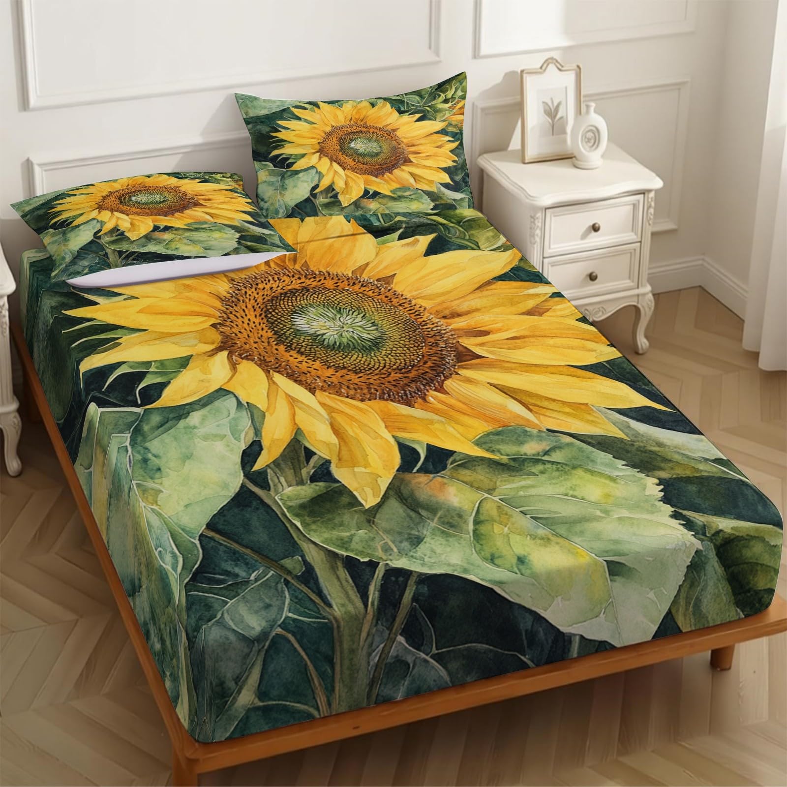 Lenzuolo con Angoli 180 x 200 cm Microfibra Girasole ad acquerello Lenzuolo Sotto Elasticizzato Profondo 25 cm giallo per Singolo e Matrimoniale