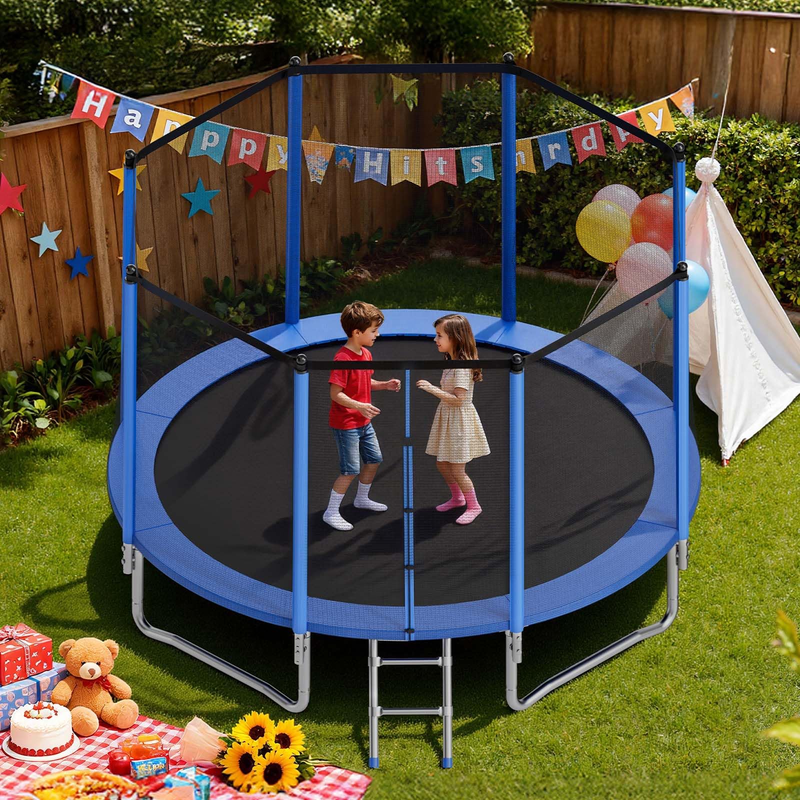 VEVOR Trampolín de Exterior 366 x 256 cm, Cama Elástica Infantil con Red de Protección, Capacidad Máxima de 181 kg, Trampolín al Aire Libre con Postes Rectos, Regalo de Cumpleaños para Niños