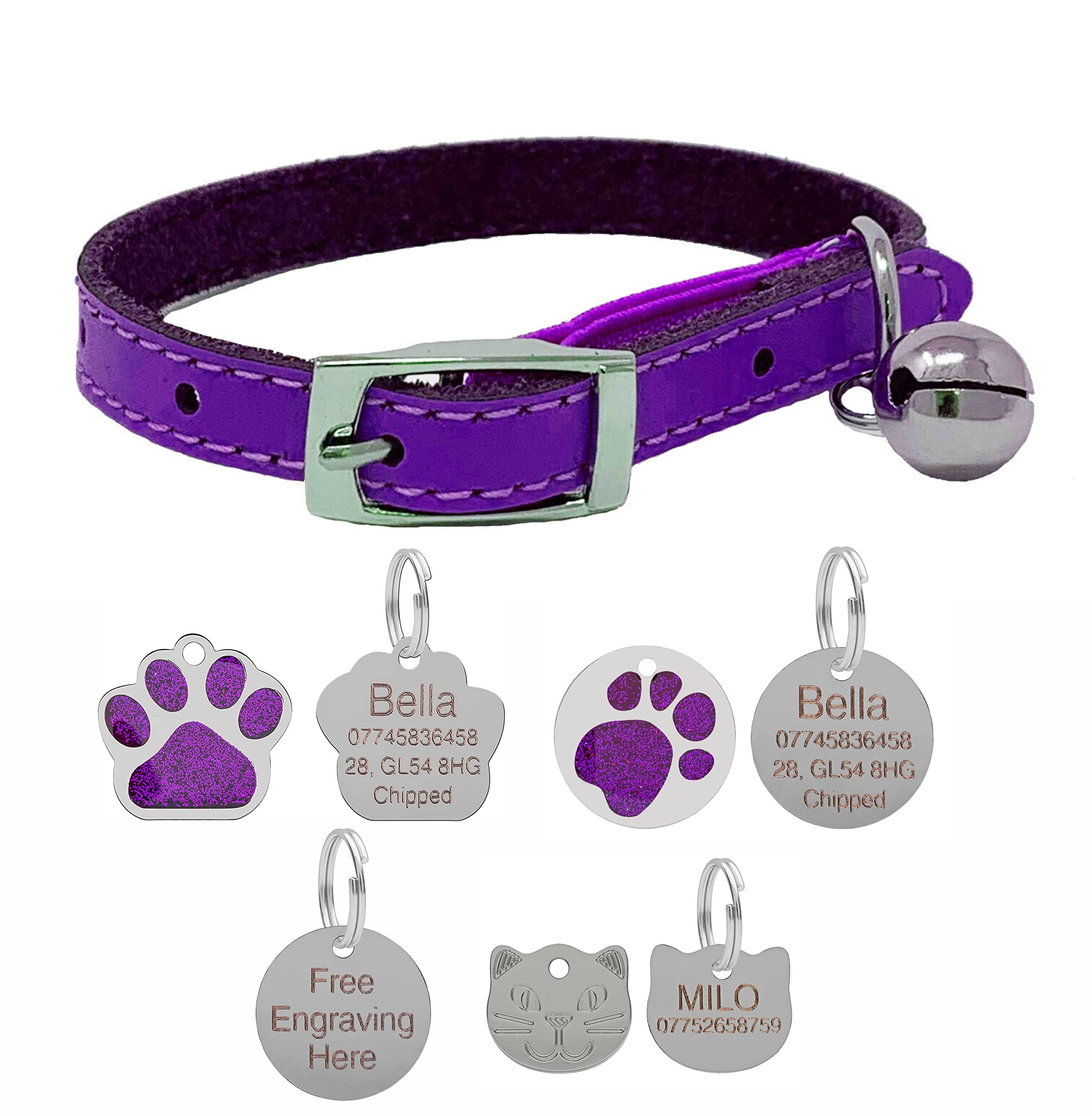 Genuine Leather Cat Collar with Safety Elastic & Bell with Optional Personalised Engraved Tag (Pink, 25mm Glitter Paw Tag) — view 8