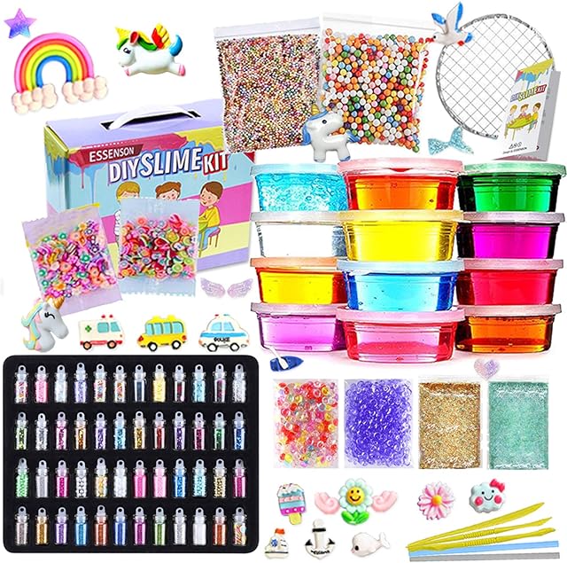 ESSENSON DIY Slime Kit - Slime Making Kit for Kids Art Craft, with 48 Glitter Powder, 12 Crystal Clear Slime Kids Art Craft Toys Gifts for Kids Age 6+ Year Old