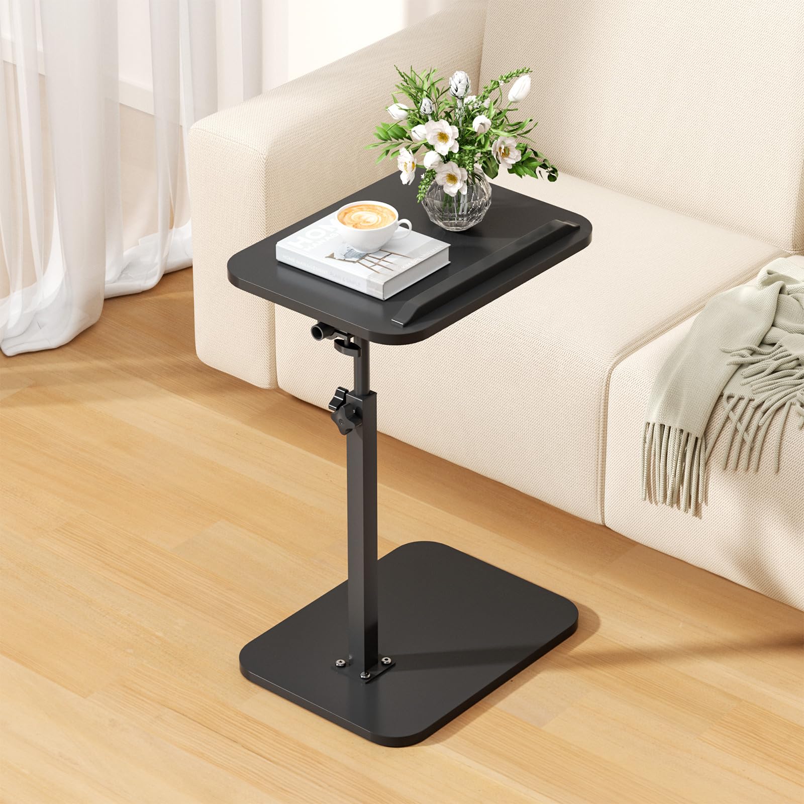 Hanstore C Shaped Side Table, 360° Swivel 180° Flip Bedside Table with Slat, Height-Adjustable End Table, 30x40cm Foldable TV Tray for Living Room, Bedroom - Black