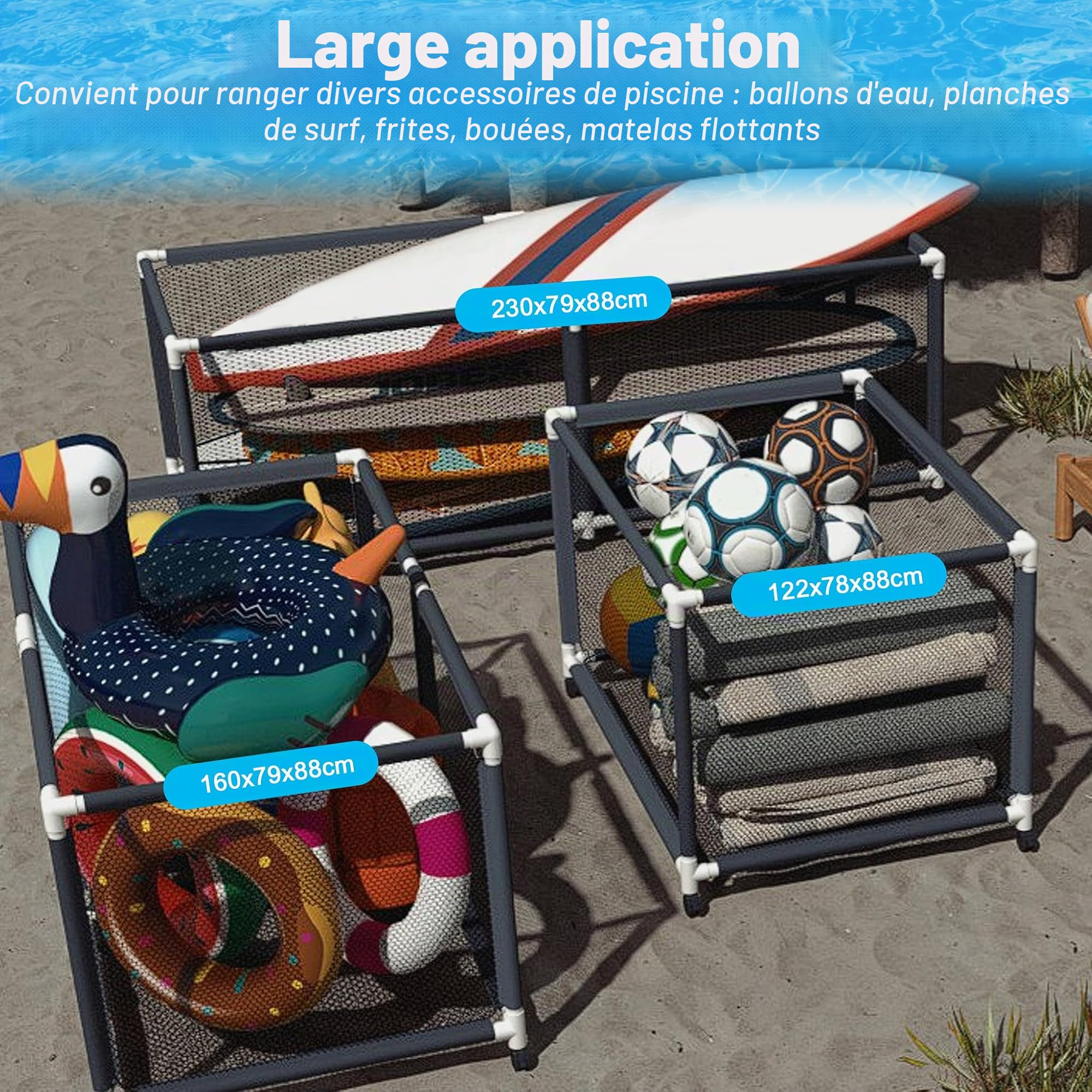 LZQ Boîte de rangement pour piscine avec roulettes 160x79x88cm Conteneur de rangement à grande capacité Organiseur en maille pour équipement de piscine, flotteurs de piscine, jouets et serviettes